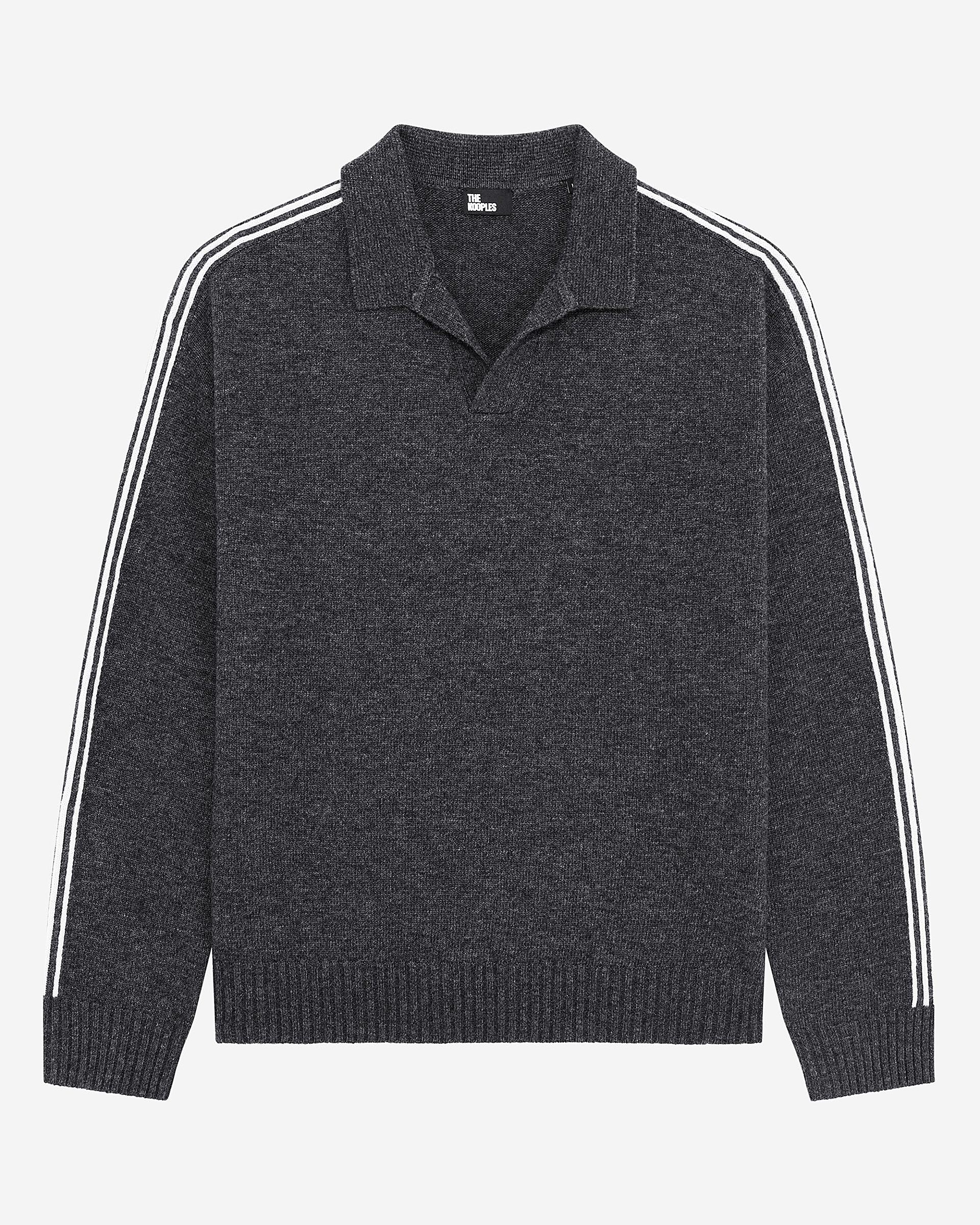 Wool polo-neck sweater with contrasting gray stripes