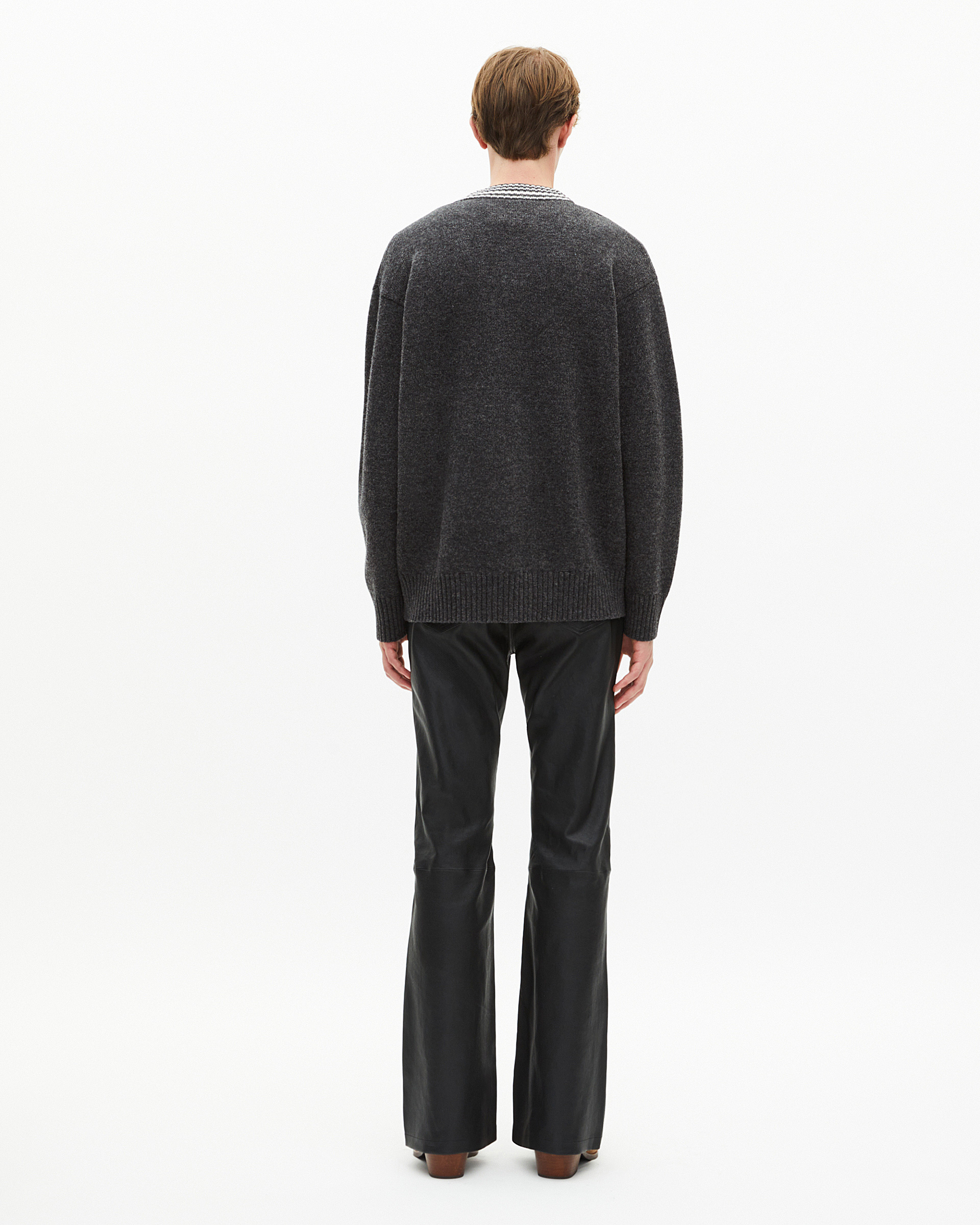Wool cardigan with contrasting grey stripes