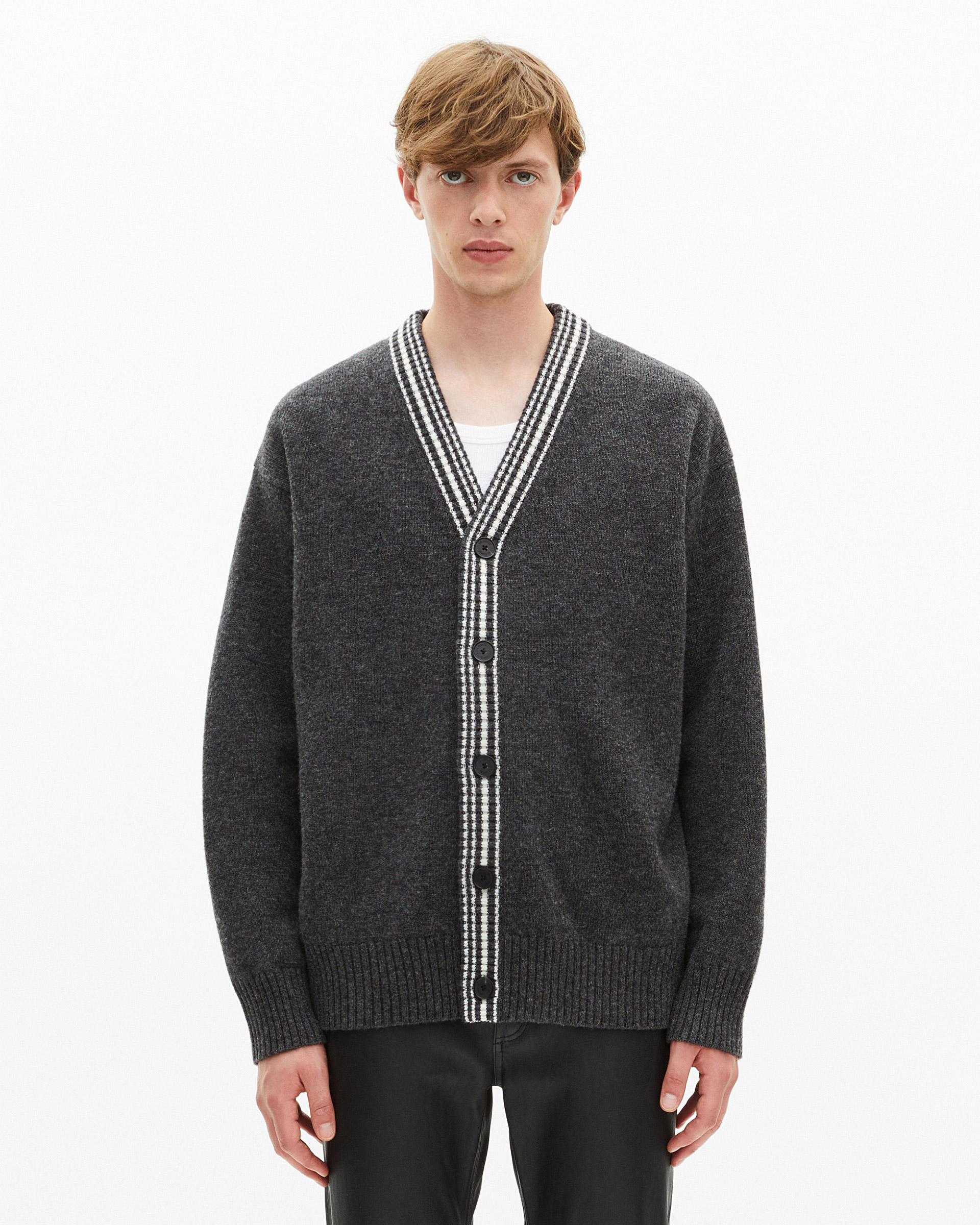 Wool cardigan with contrasting grey stripes