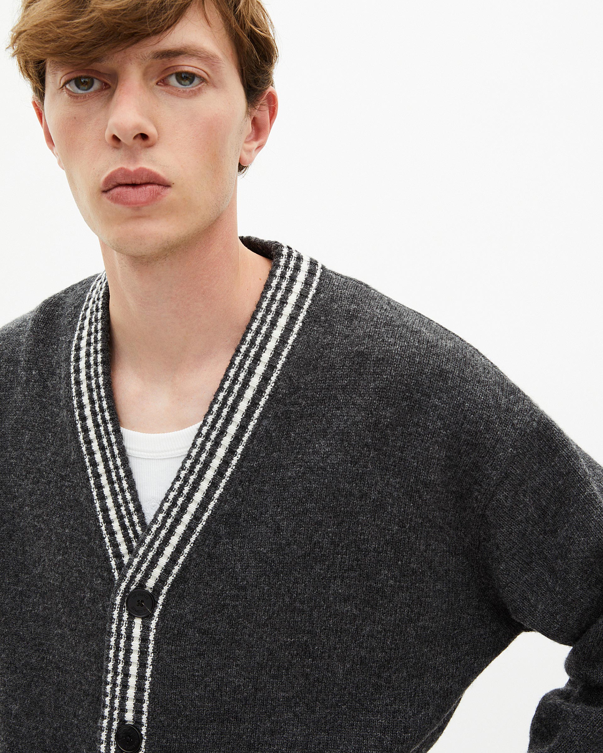 Wool cardigan with contrasting grey stripes