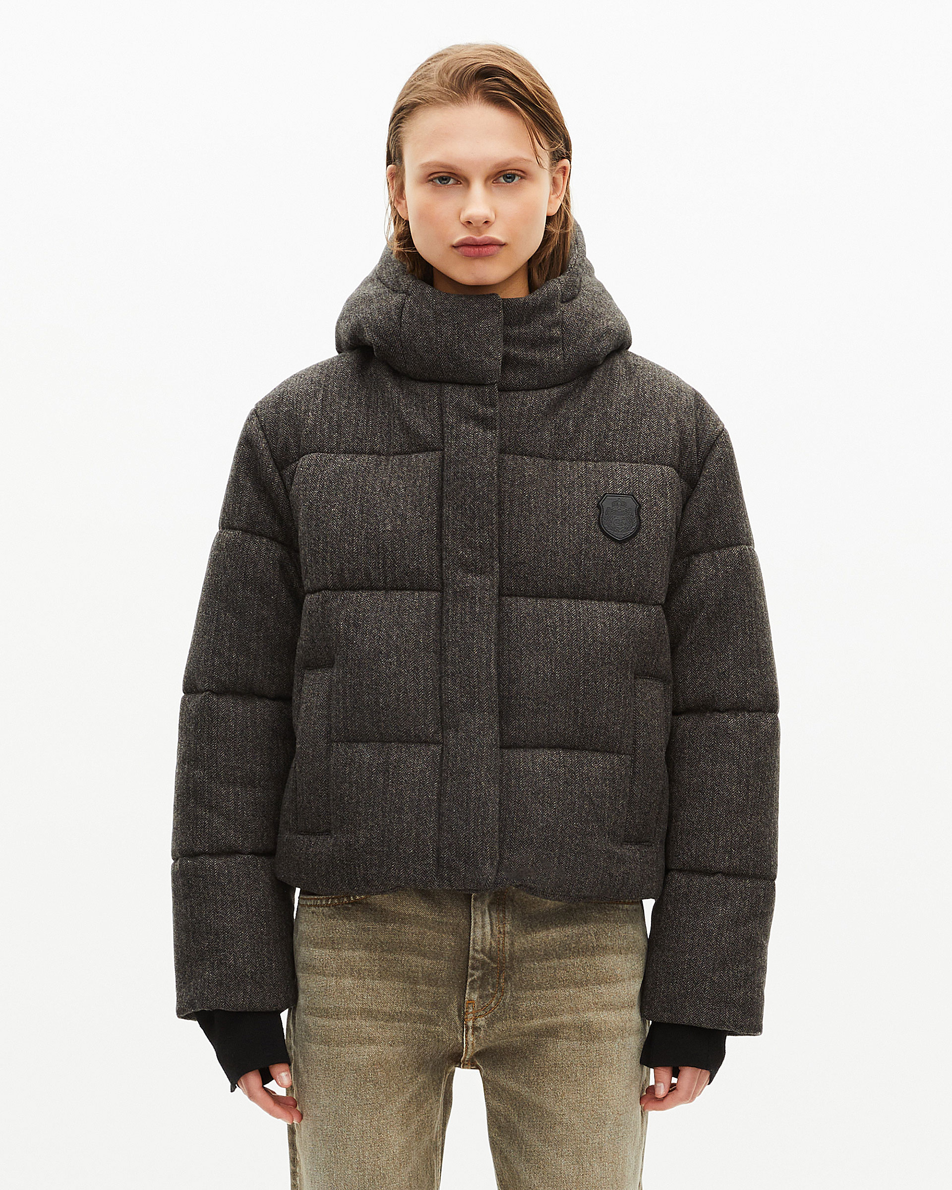 Short dark gray wool down jacket