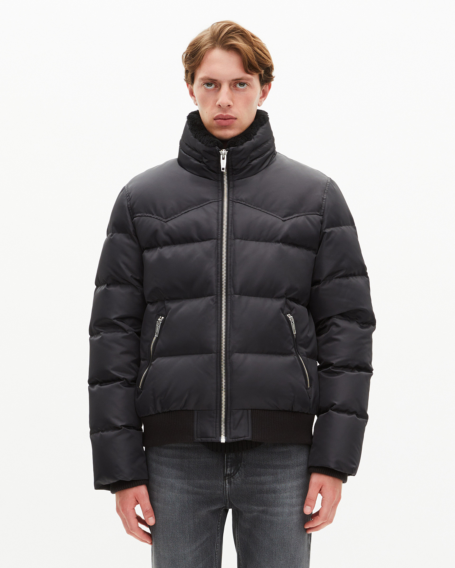 Down jacket with grey fur collar