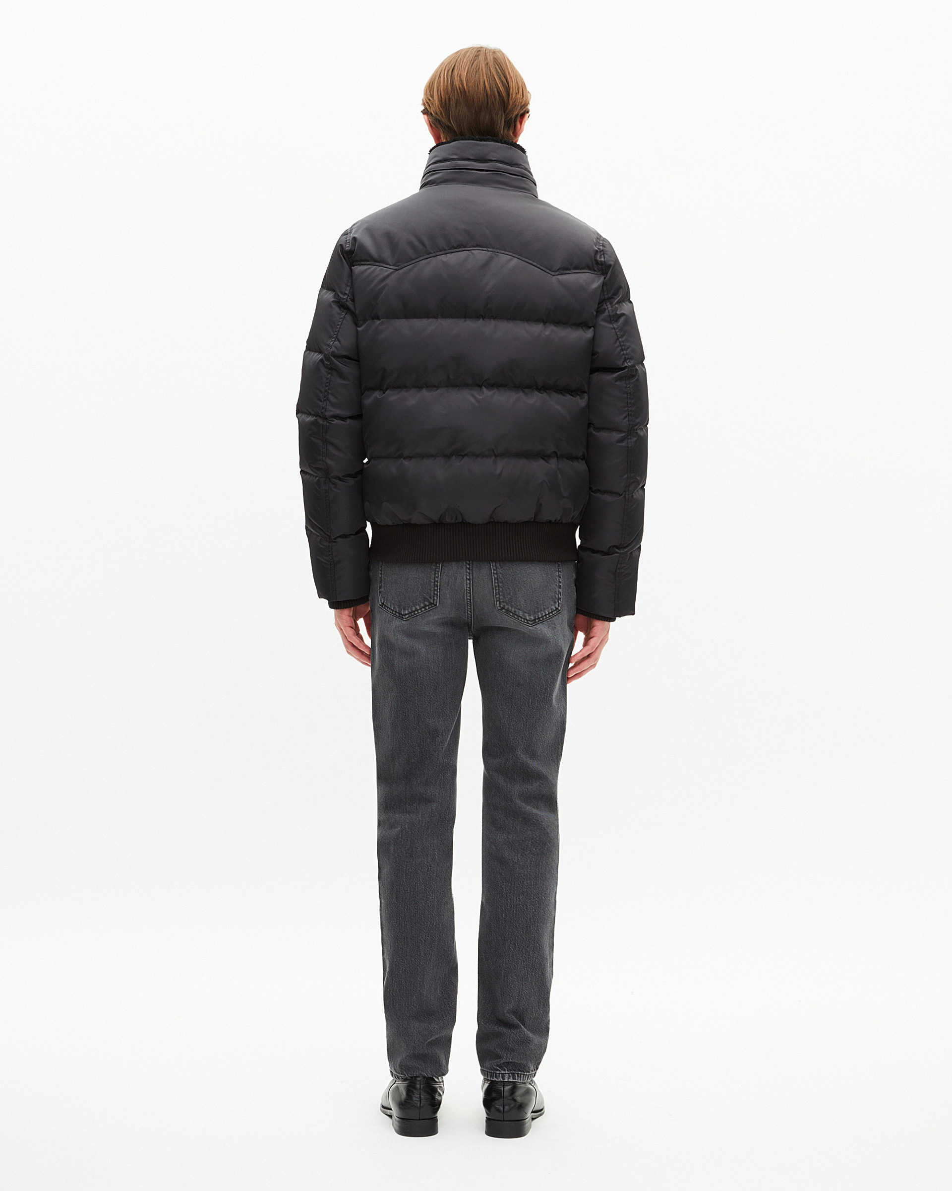 Down jacket with grey fur collar