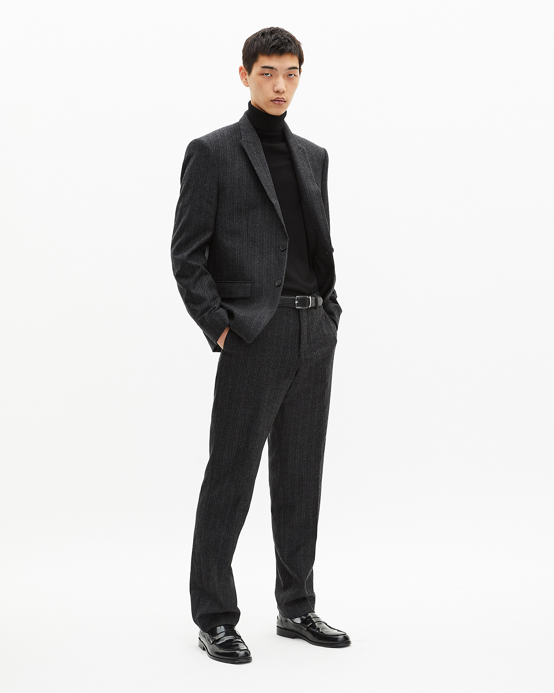 Dark grey pinstripe straight suit jacket