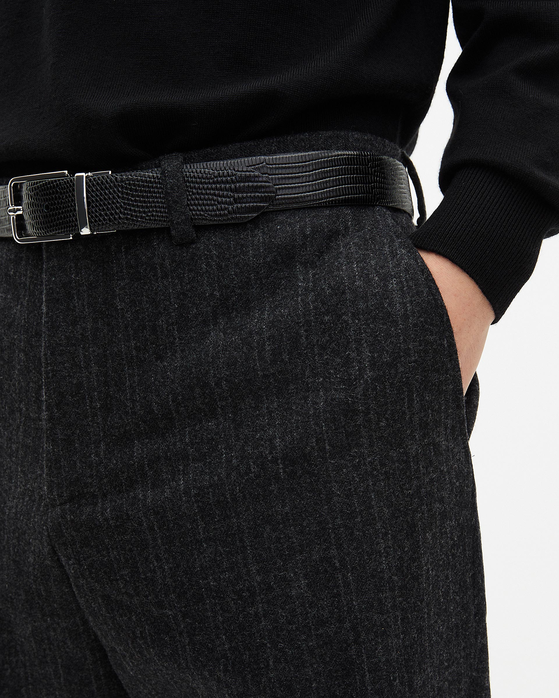 Dark grey pinstripe straight-leg suit pants
