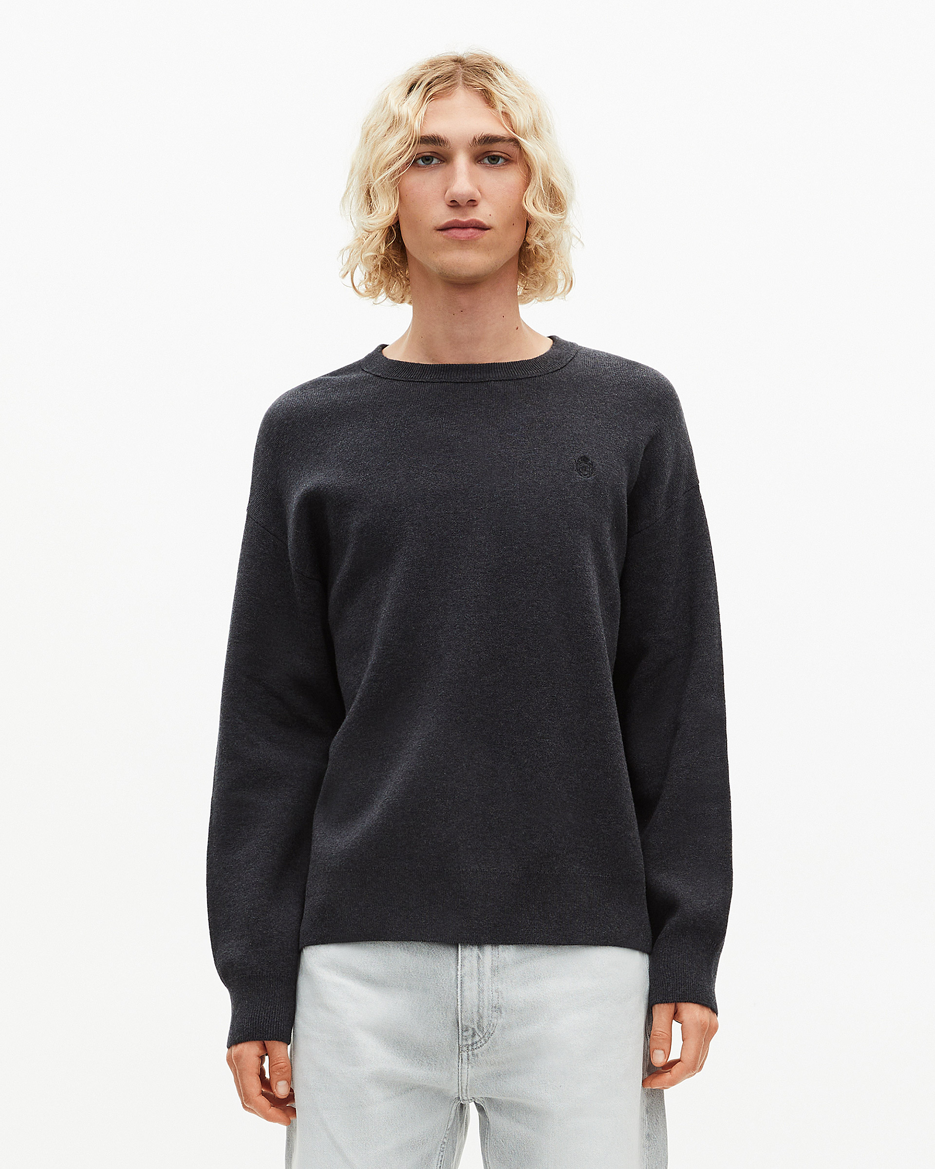Grey double-faced wool round-neck sweater