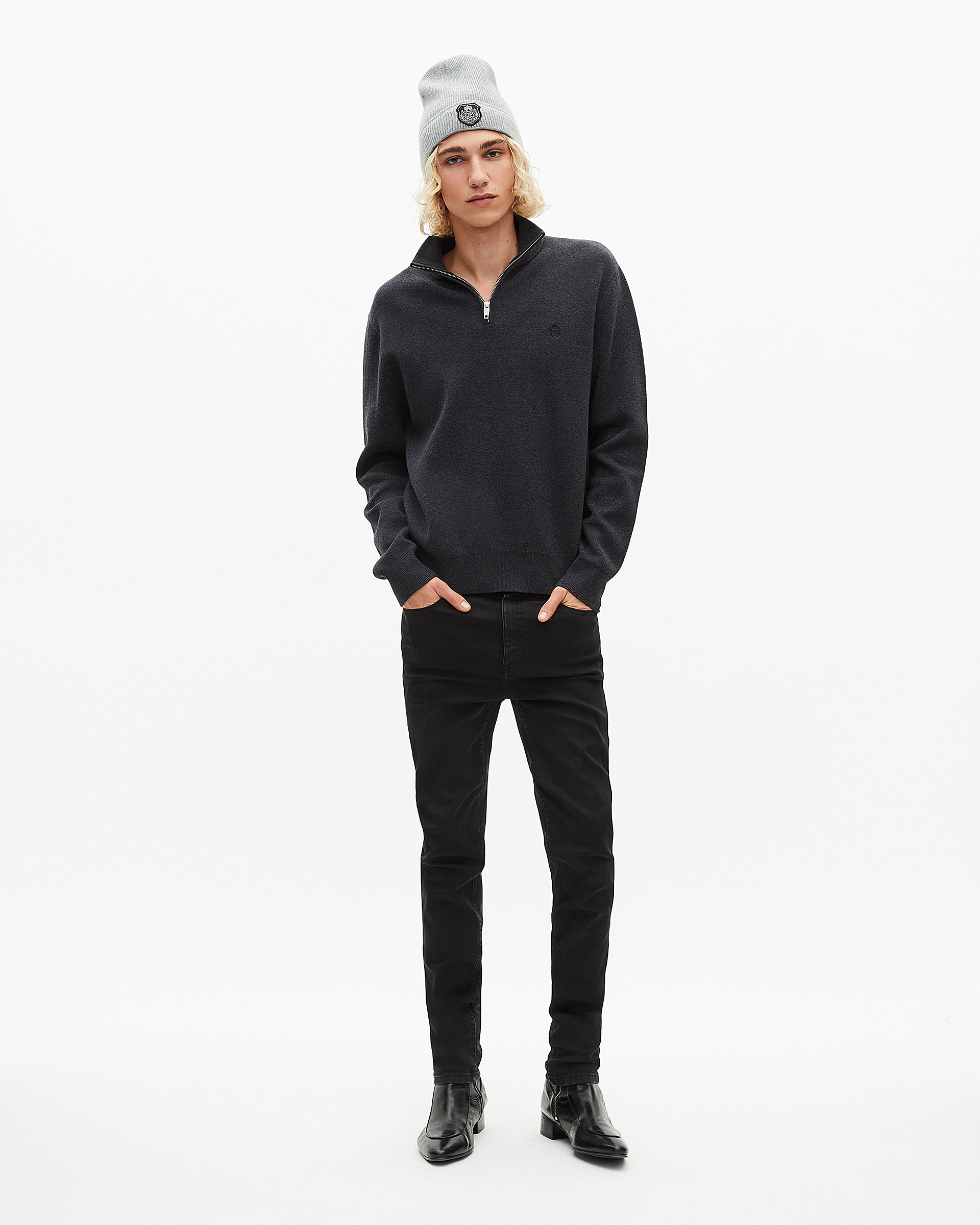 Grey double-faced wool trucker-neck sweater