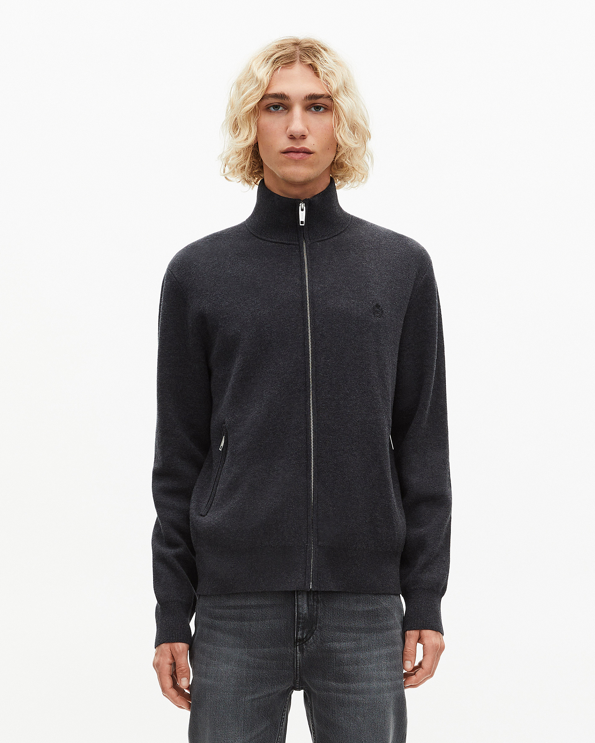 Double-sided wool cardigan with gray zip