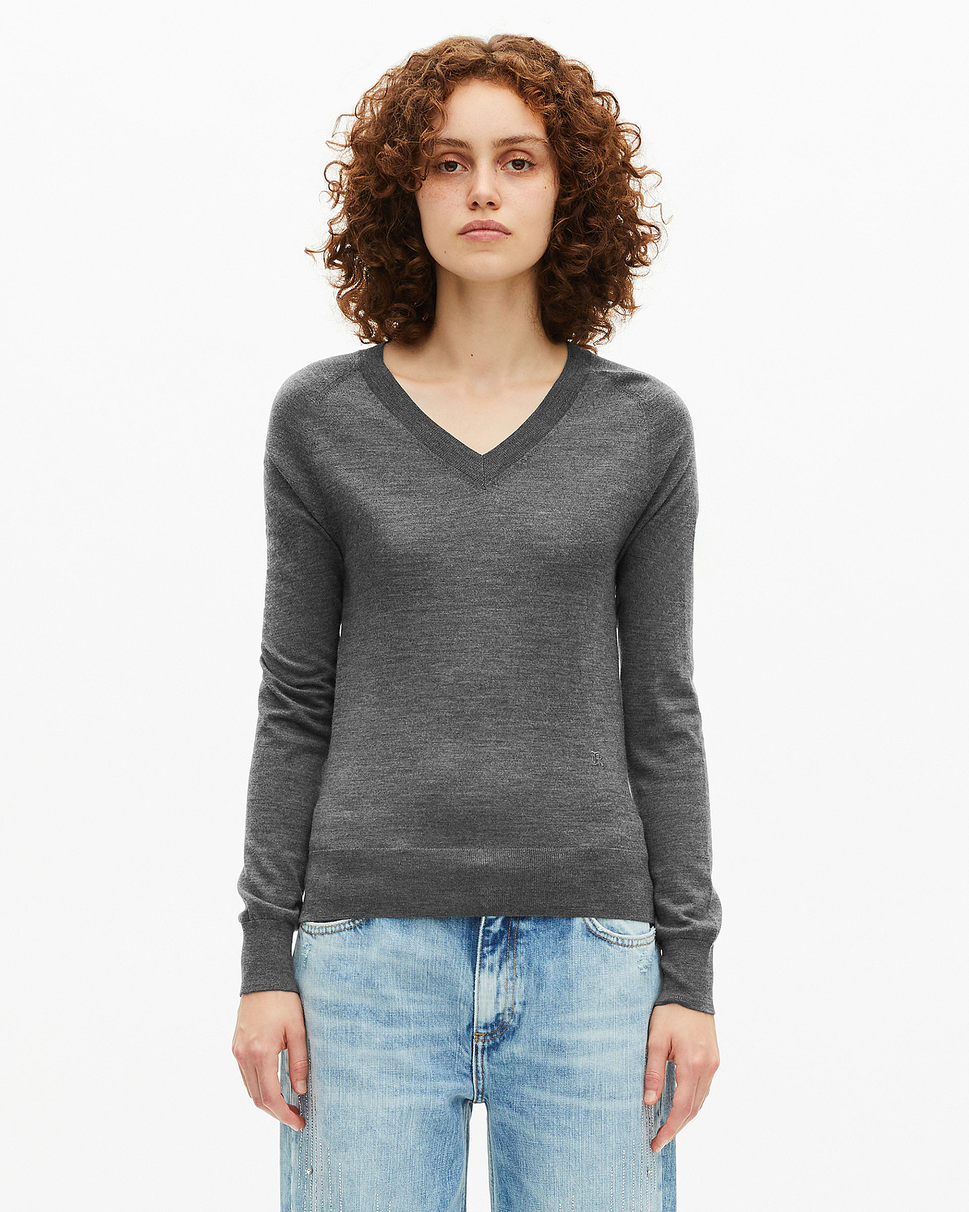 Grey merino wool V-neck sweater