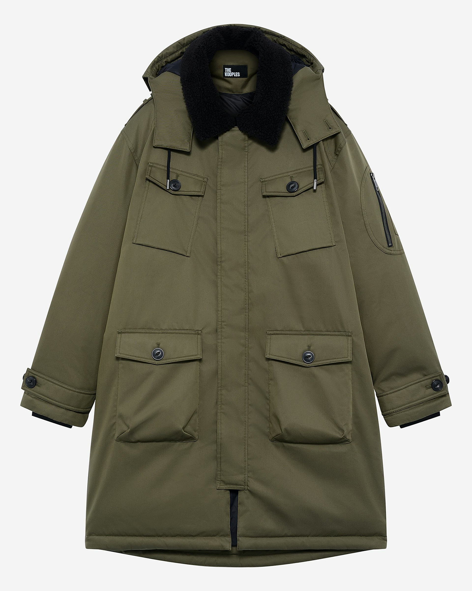 Water-repellent parka with khaki sherpa collar