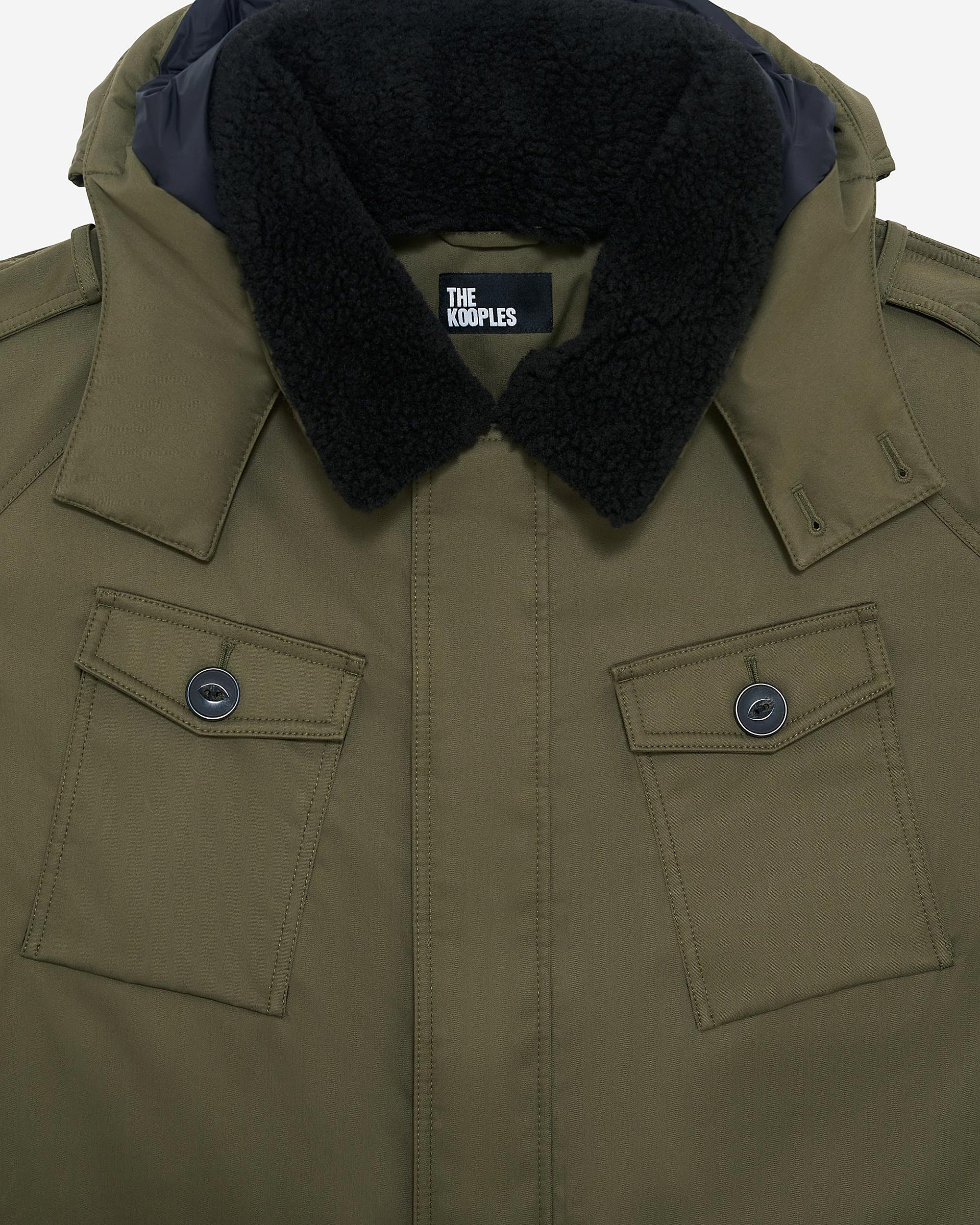 Water-repellent parka with khaki sherpa collar