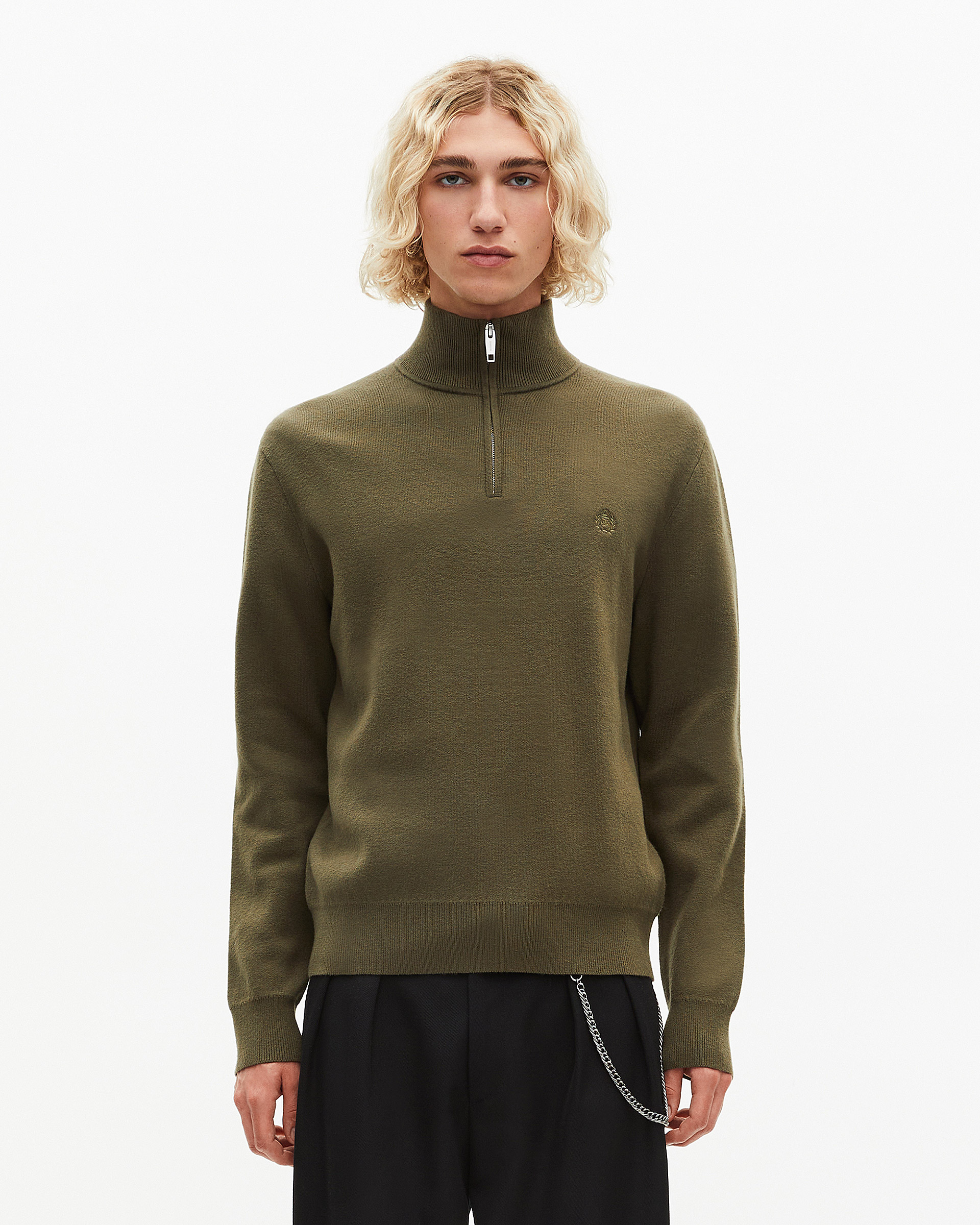 Double-faced khaki wool trucker-neck sweater