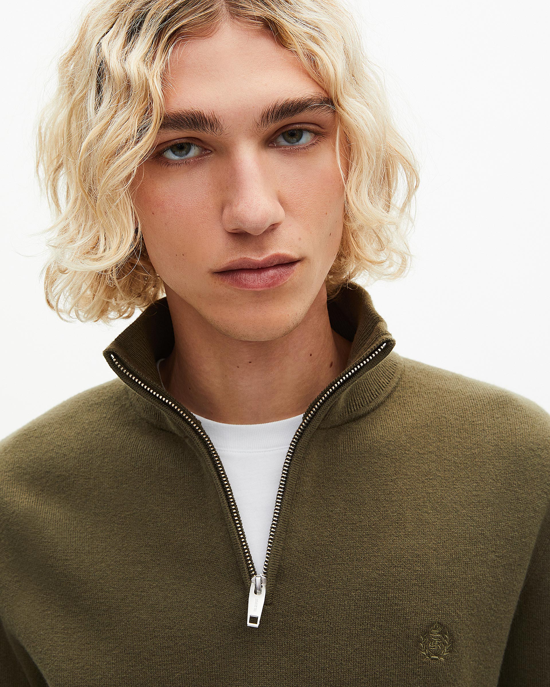 Double-faced khaki wool trucker-neck sweater