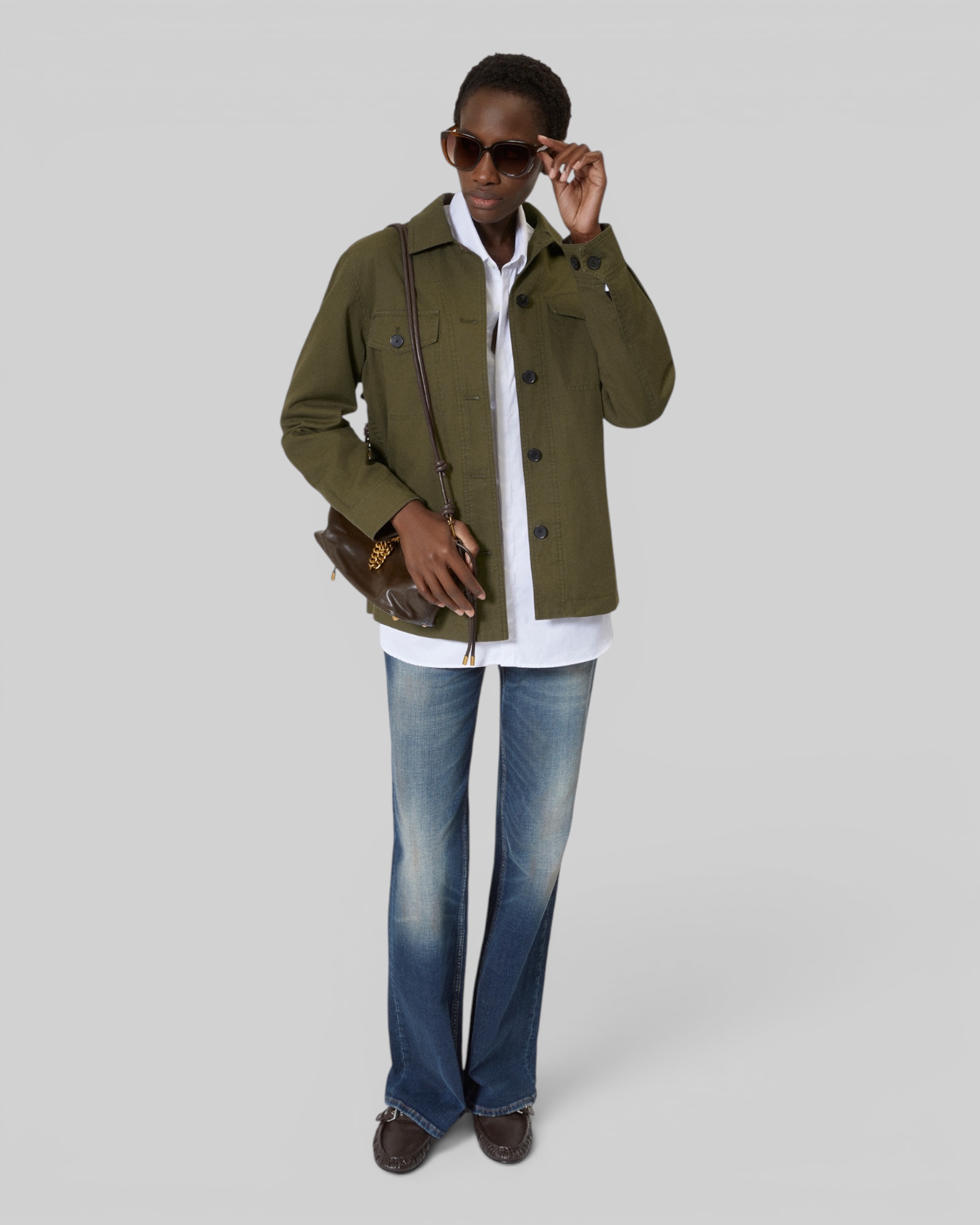 Embroidered back jacket in khaki cotton