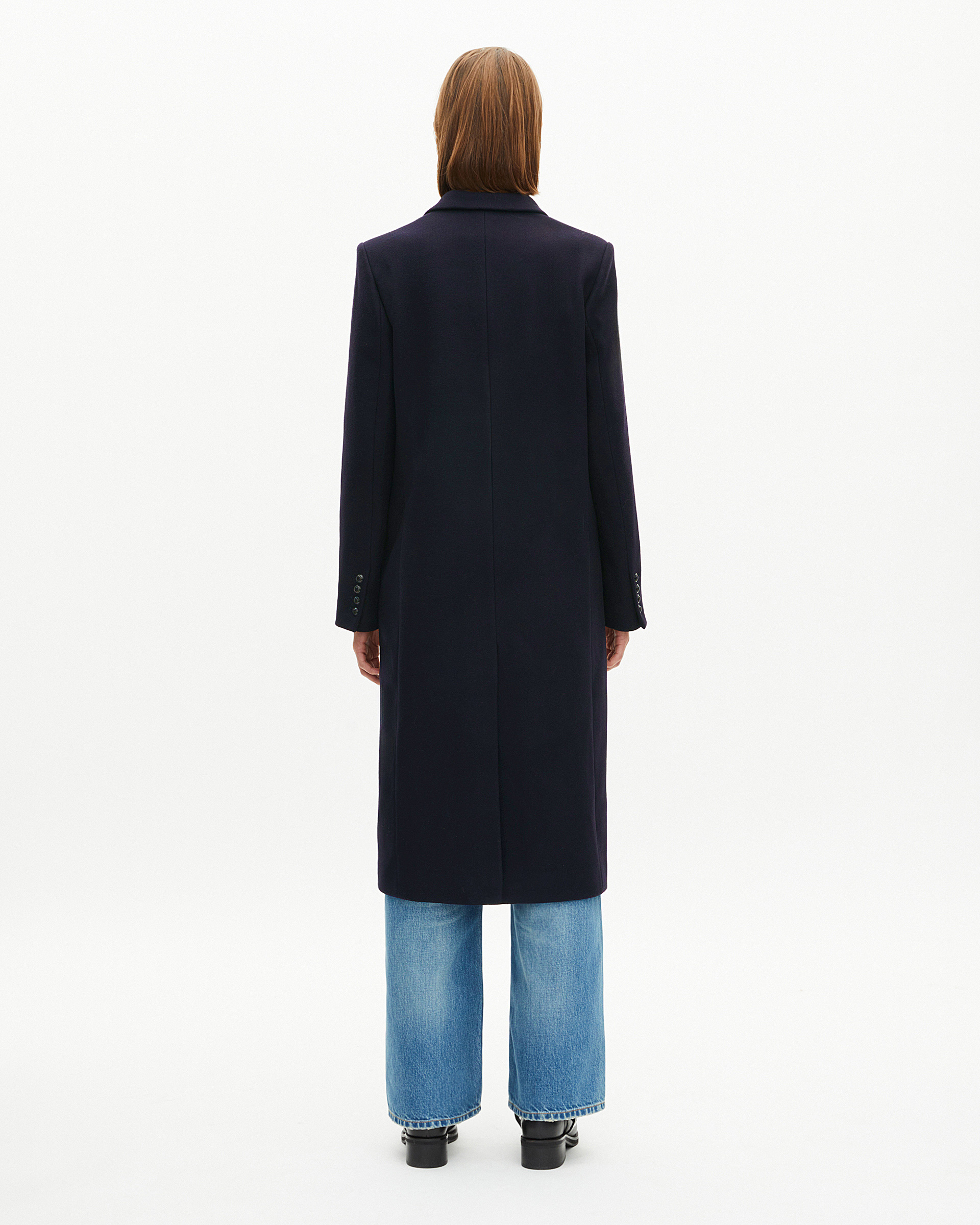 Long double-breasted coat in navy wool