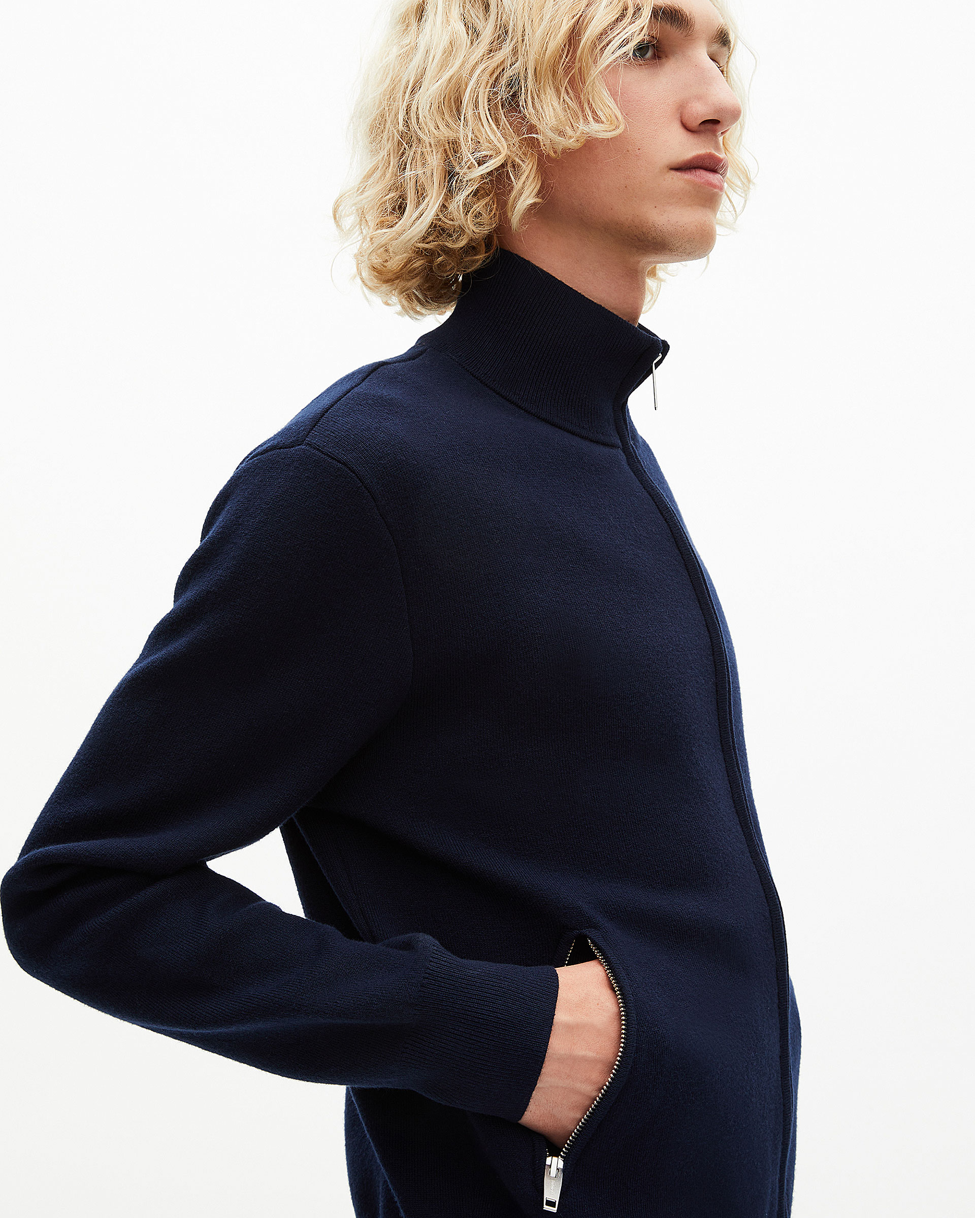 Double-sided wool cardigan with navy zip