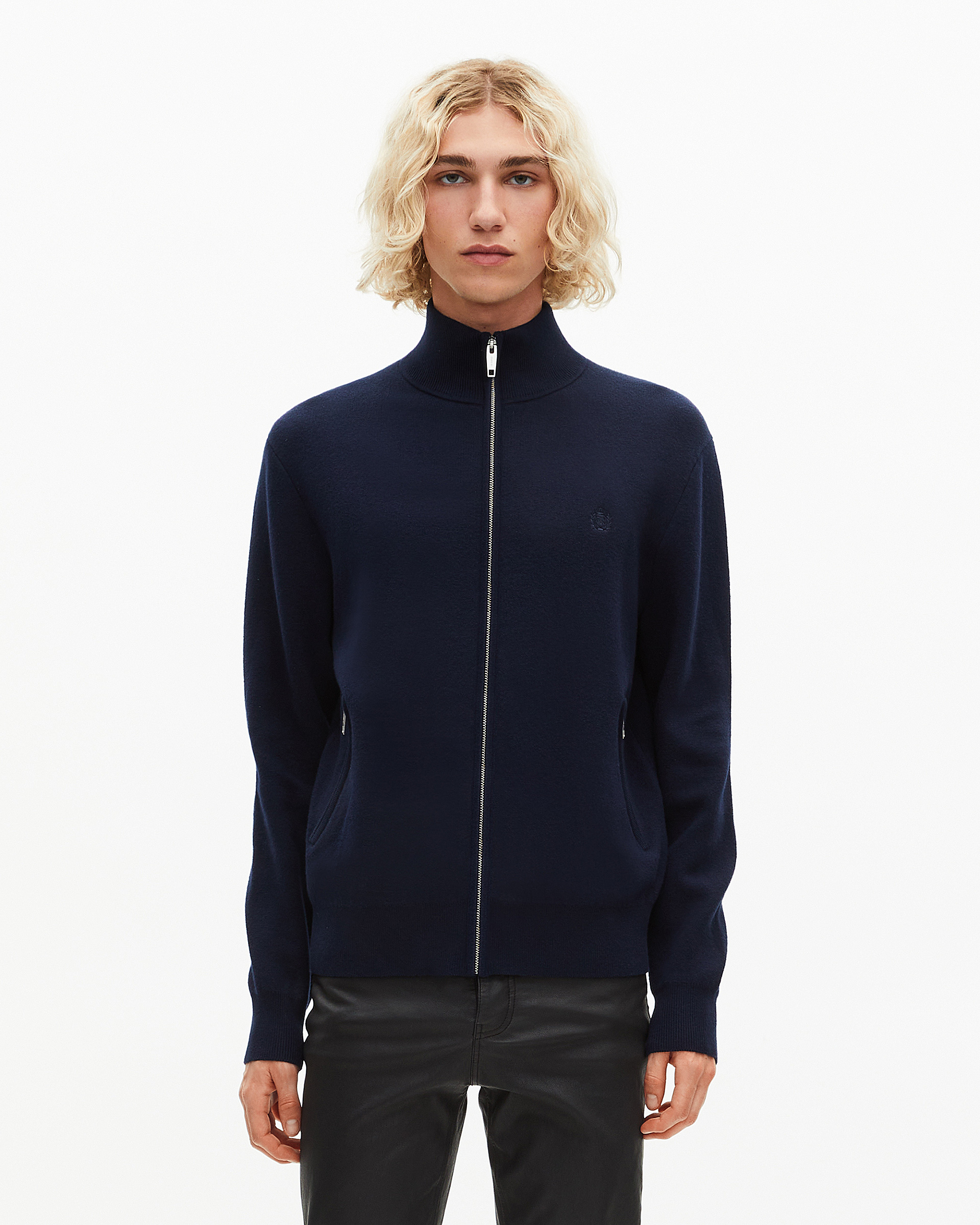 Double-sided wool cardigan with navy zip