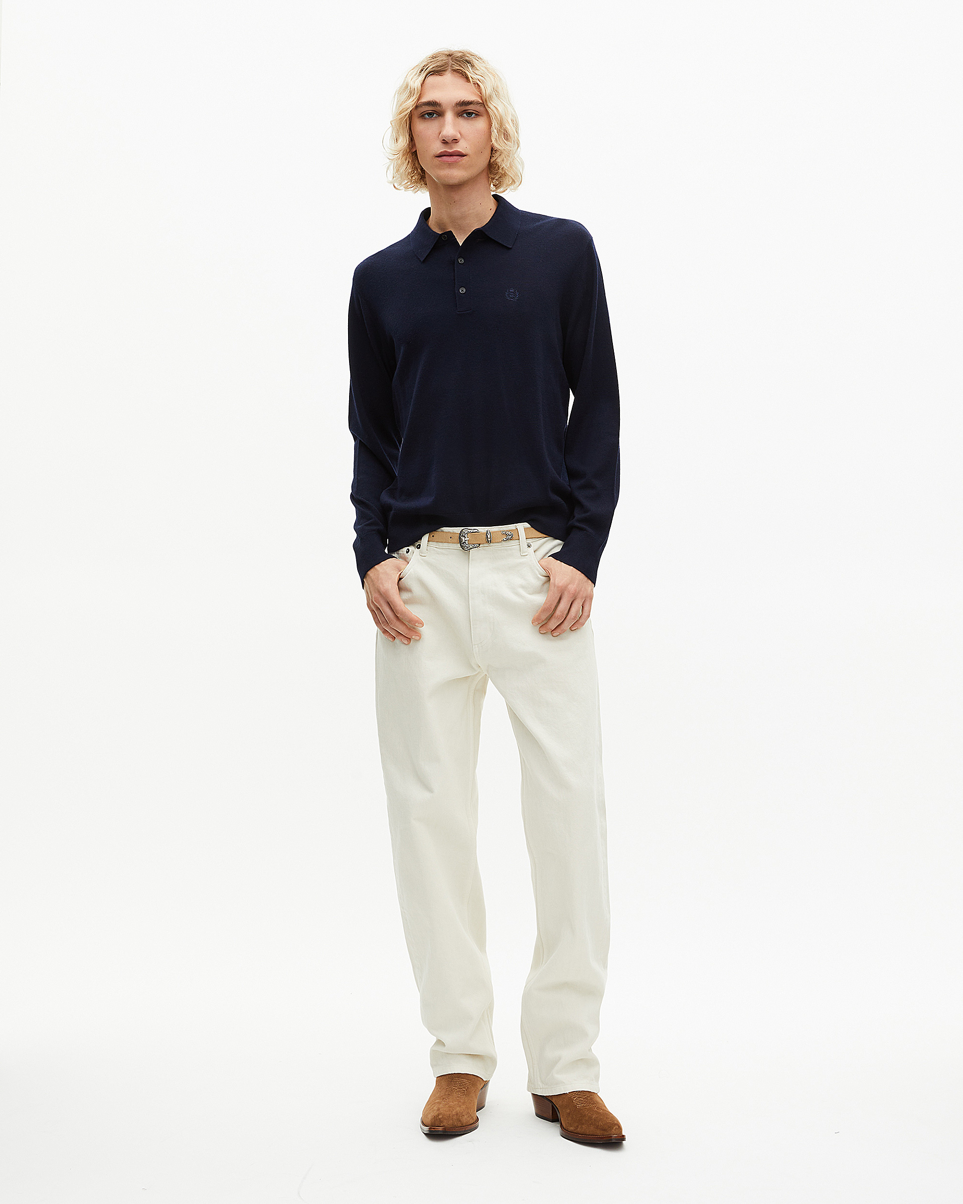 Navy merino wool polo-neck sweater