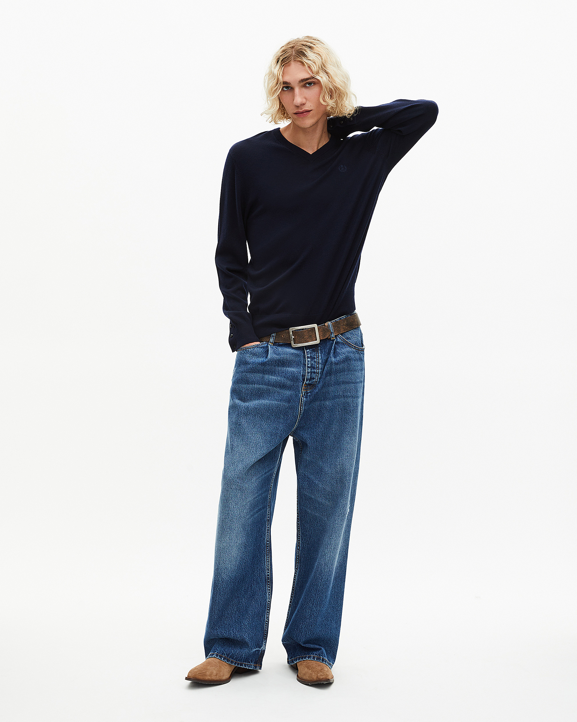 V-neck sweater in navy merino wool