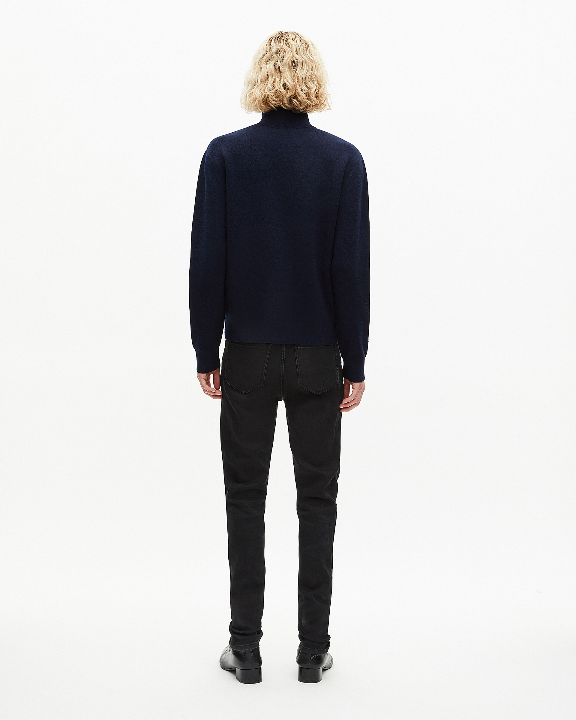 Double-faced navy trucker-neck sweater