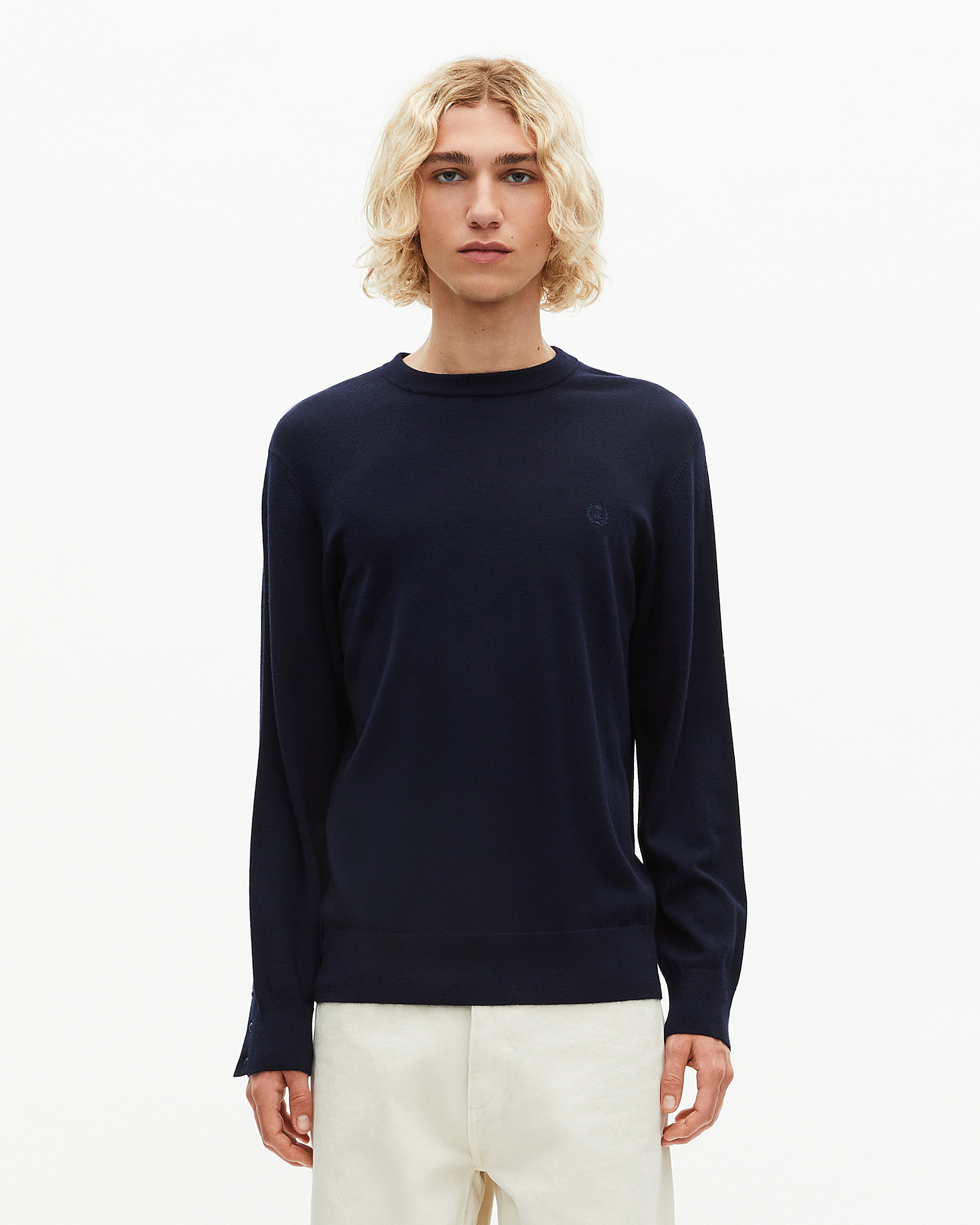 Round-neck sweater in navy merino wool