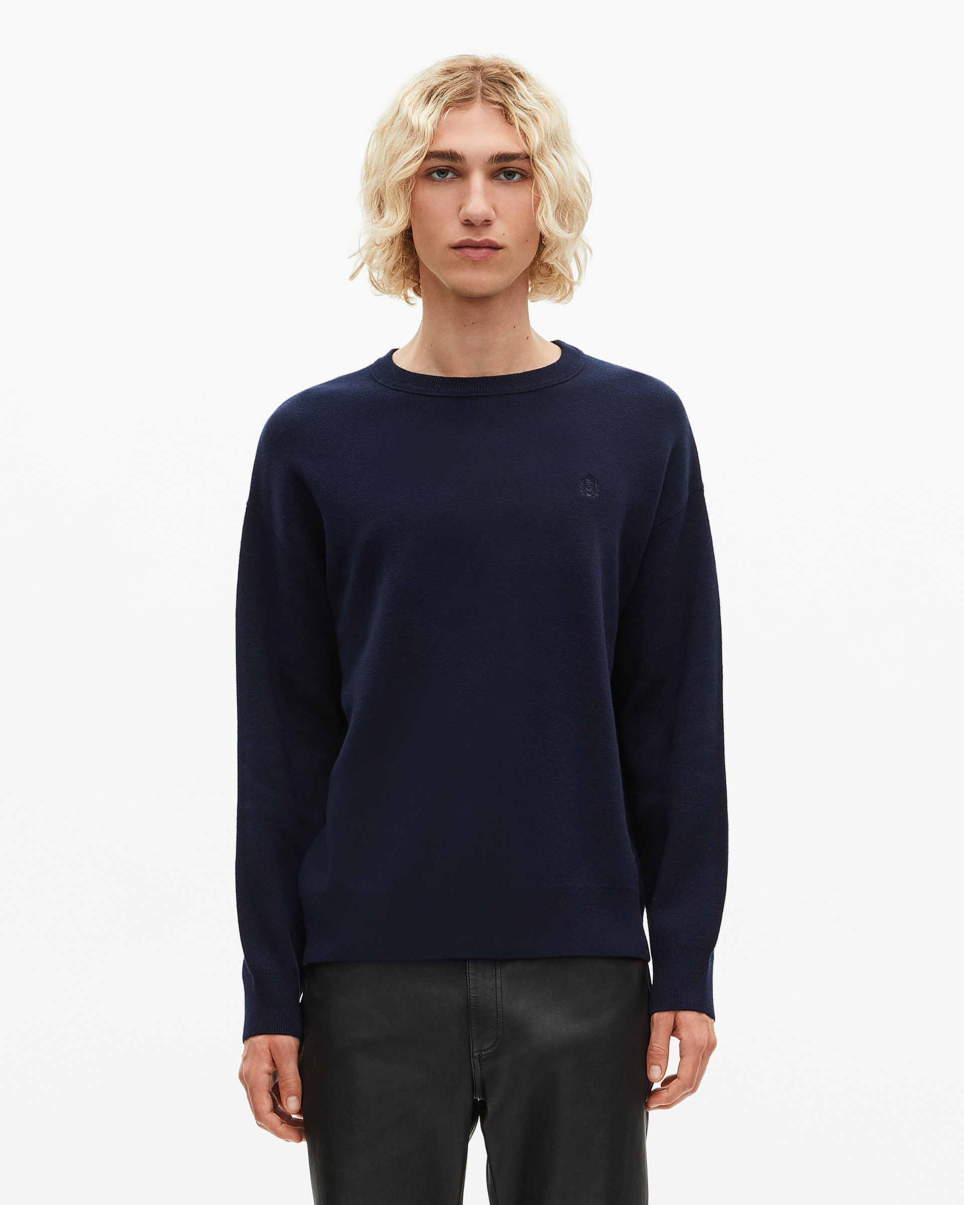 Round-neck sweater in navy double-faced wool