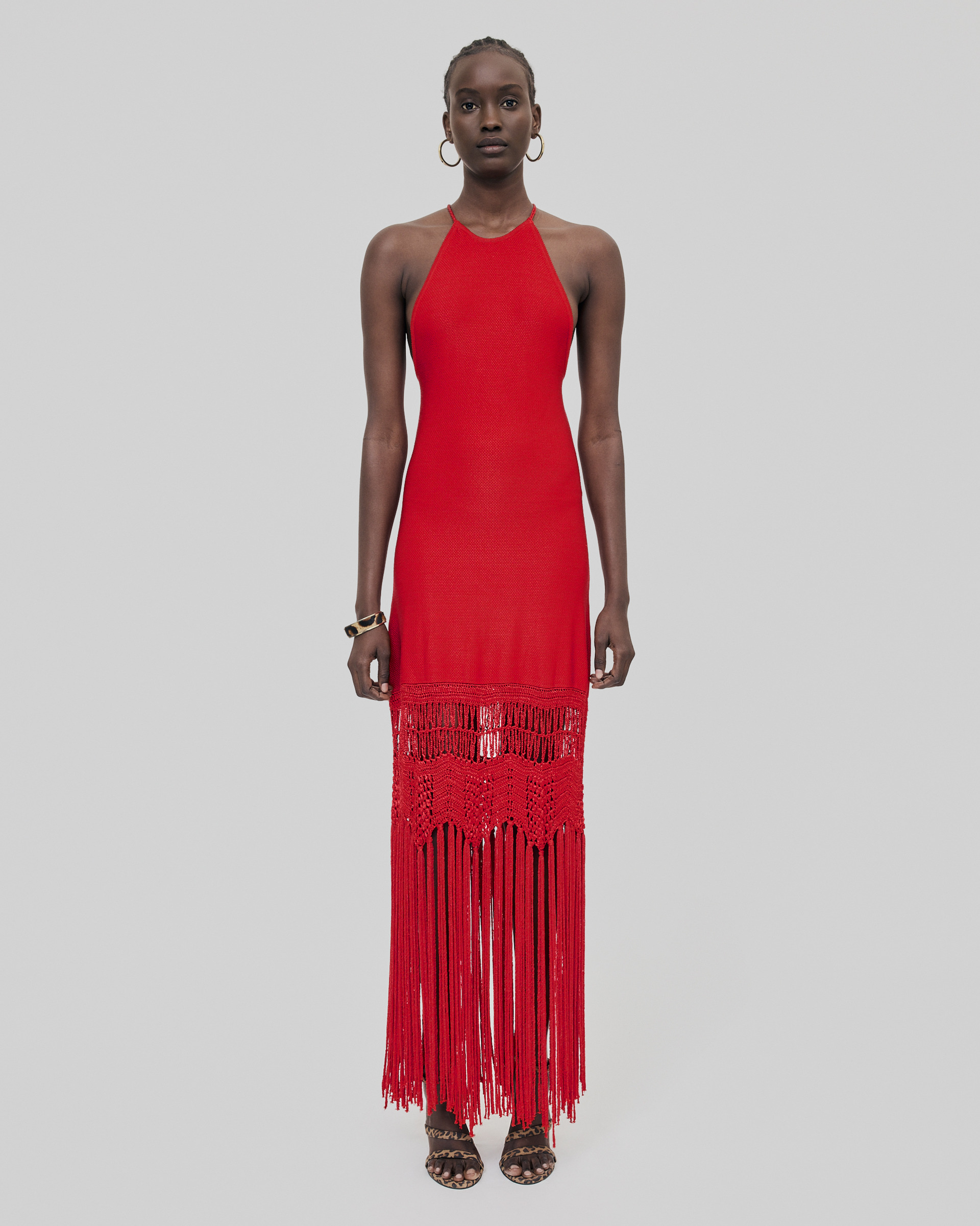 Red mesh fringed halter dress