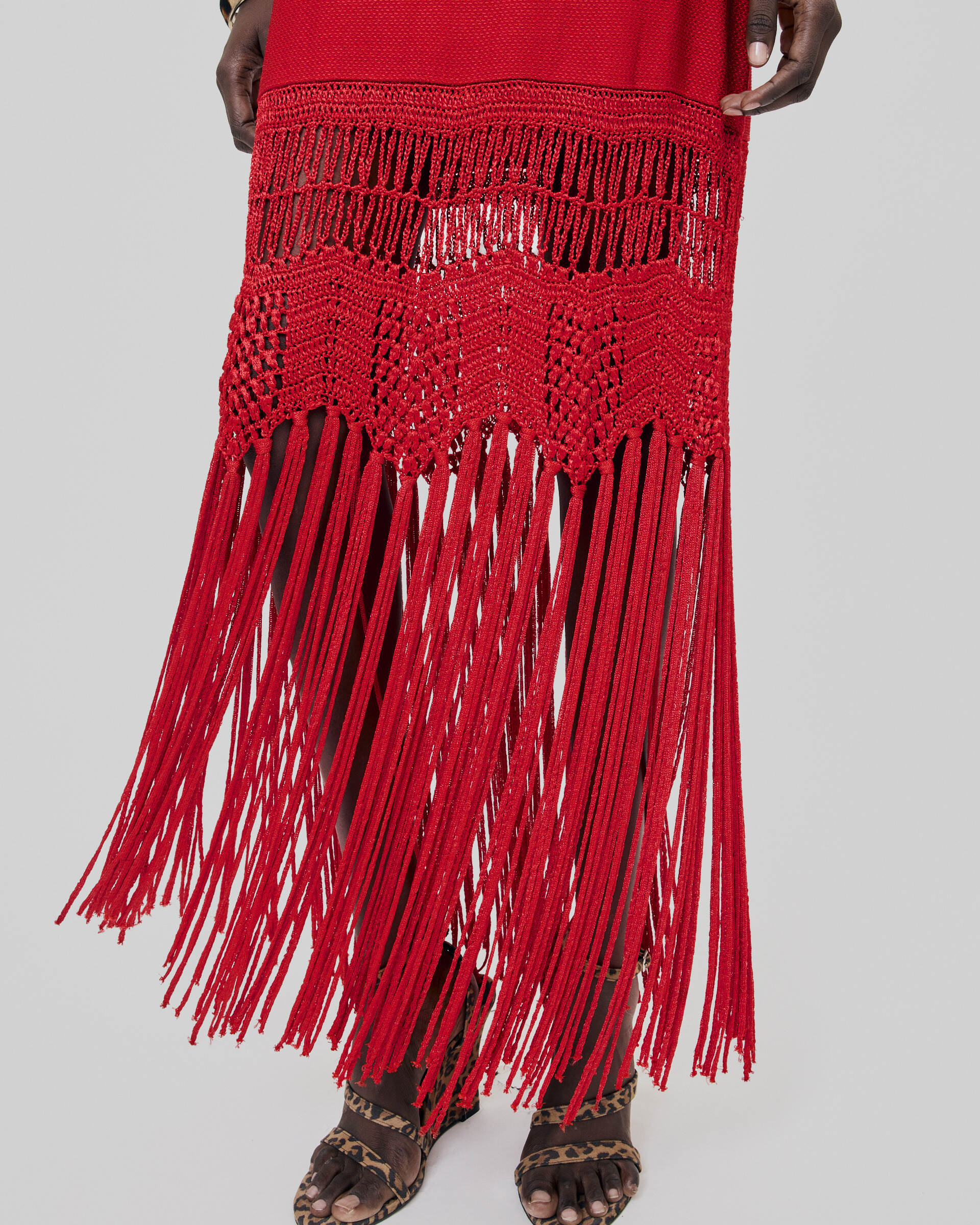 Red mesh fringed halter dress