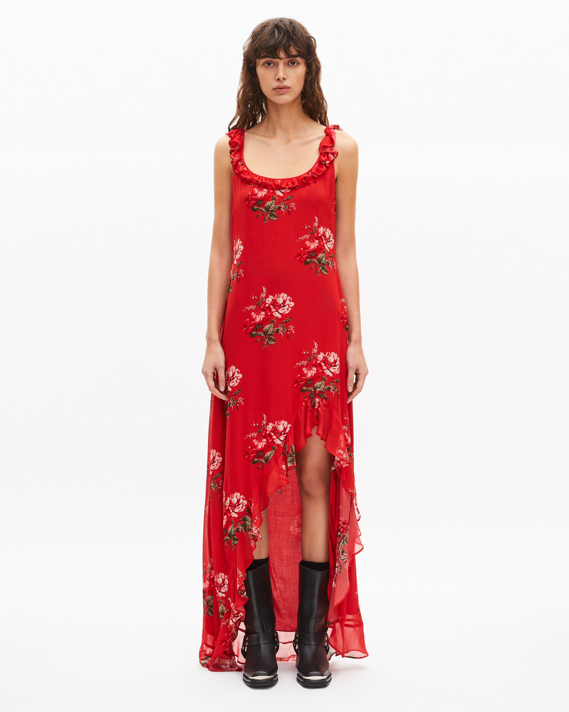 Red floral print long dress with ruffles