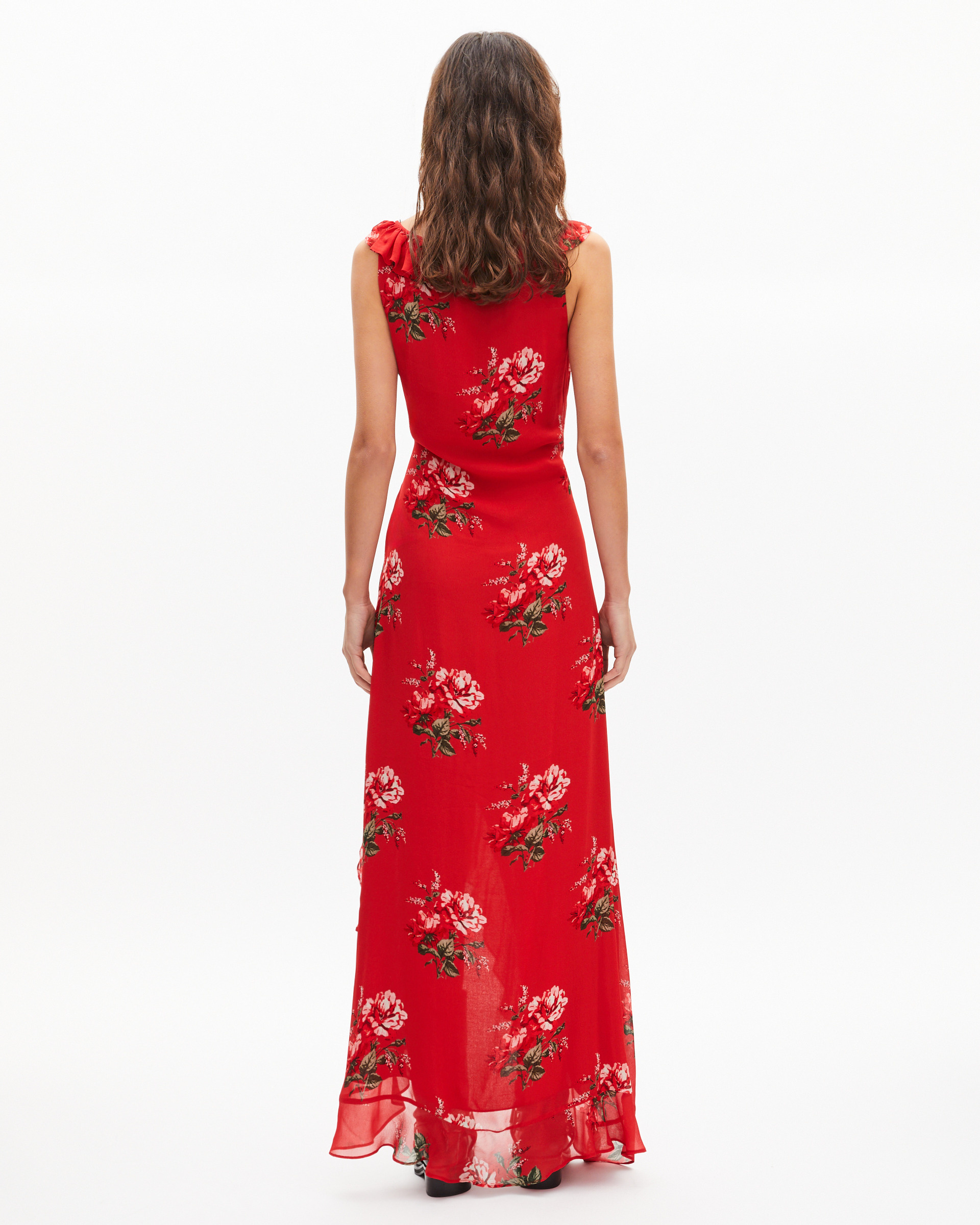 Red floral print long dress with ruffles