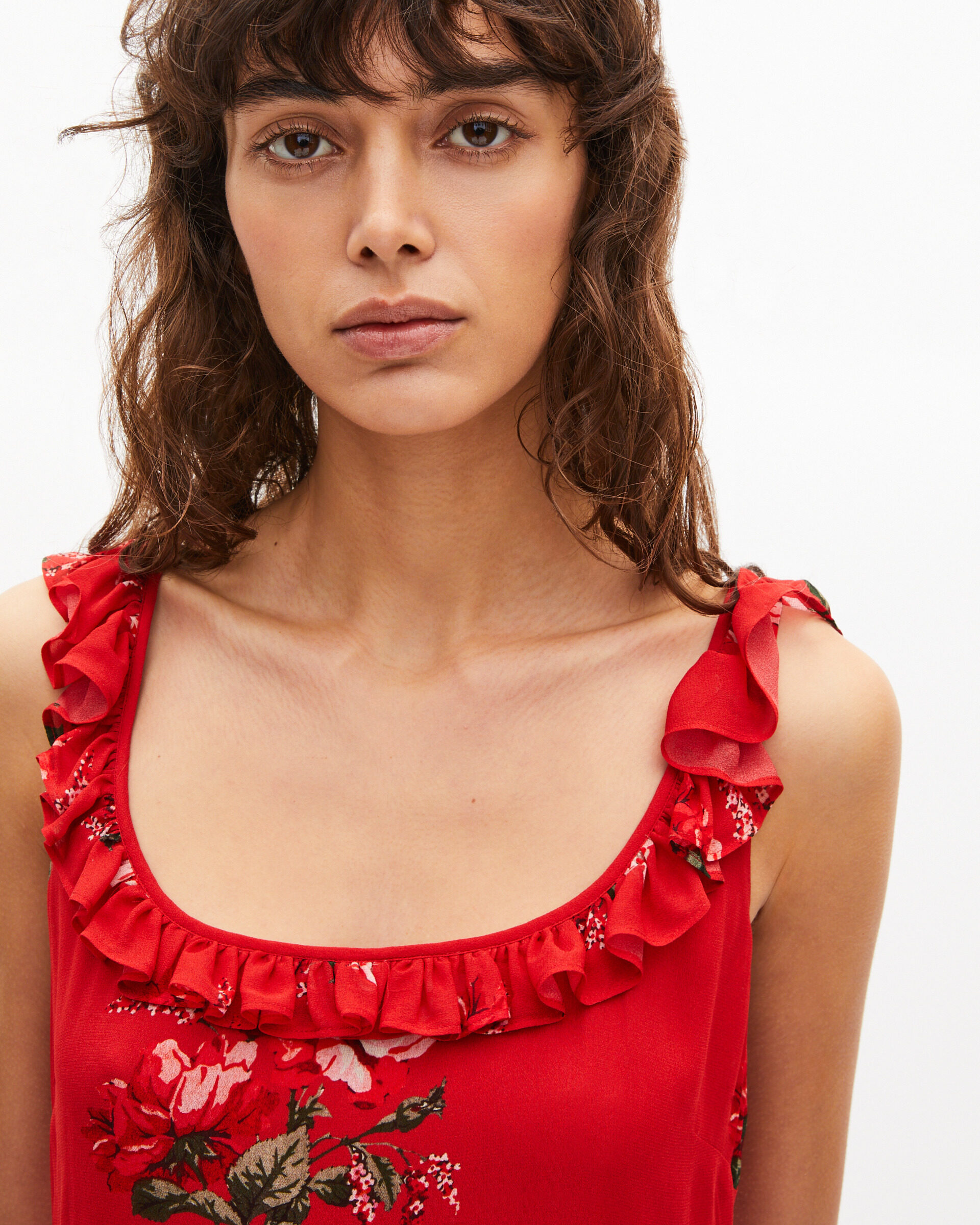 Red floral print long dress with ruffles
