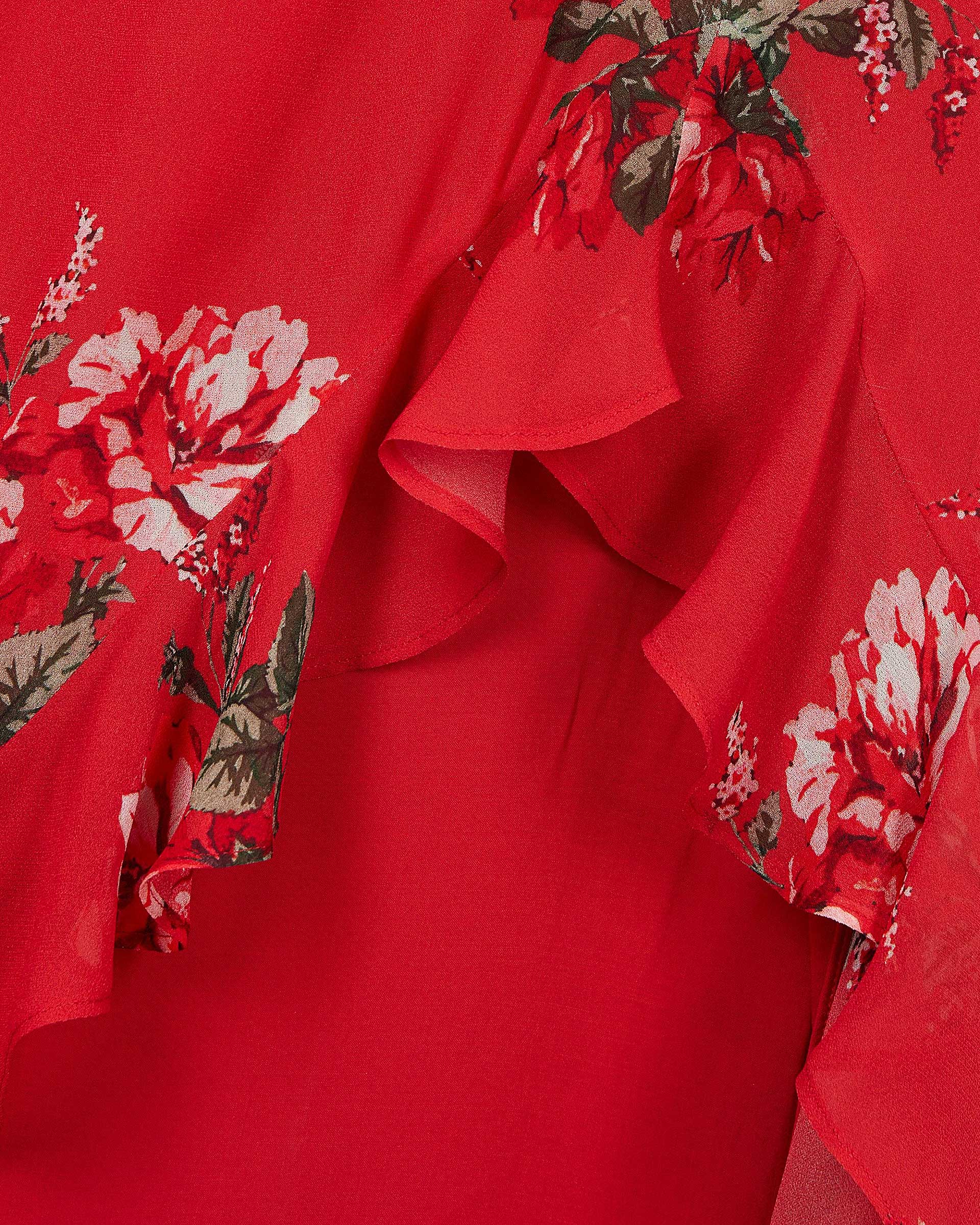 Red floral print long dress with ruffles