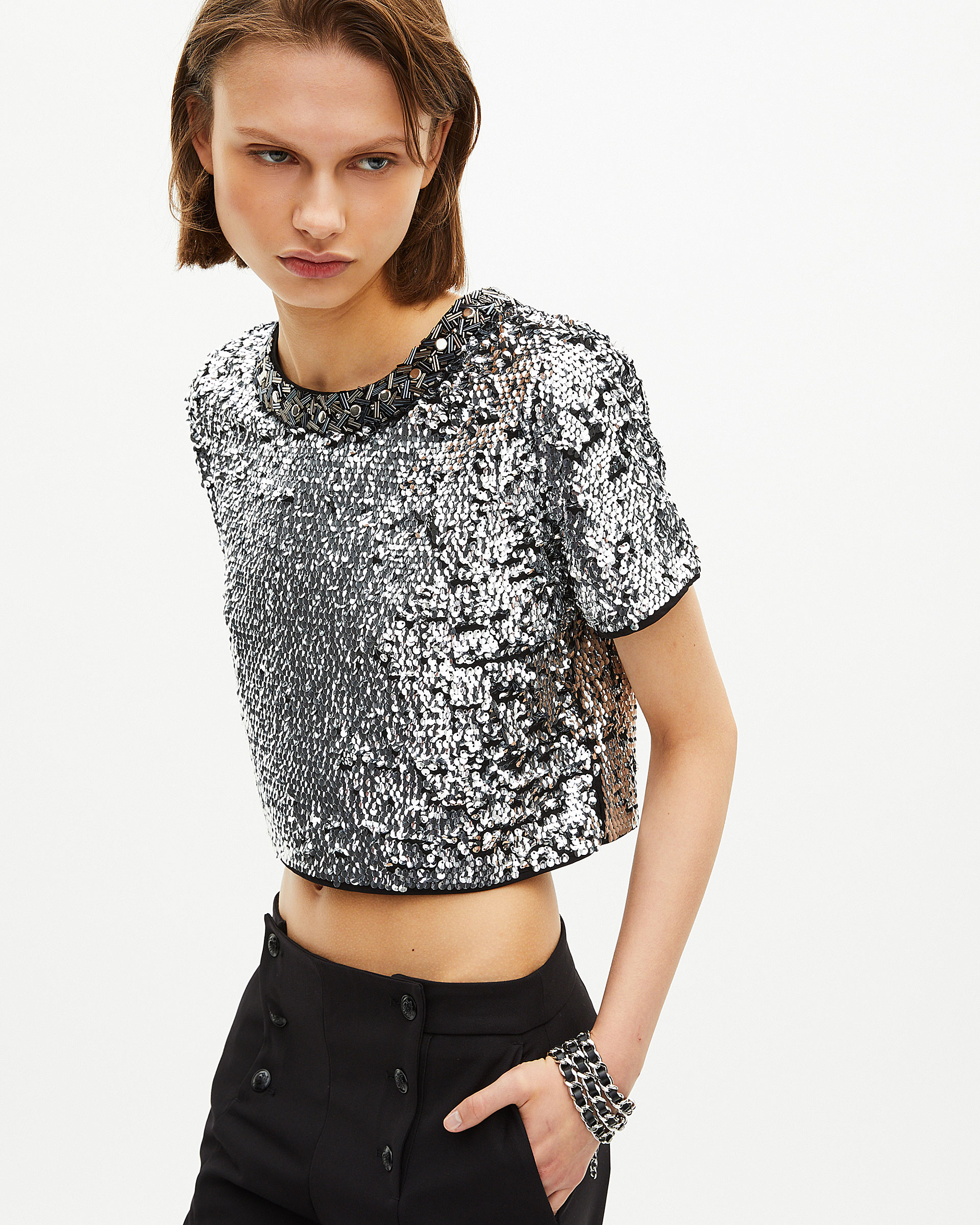 Silver sequin crop top