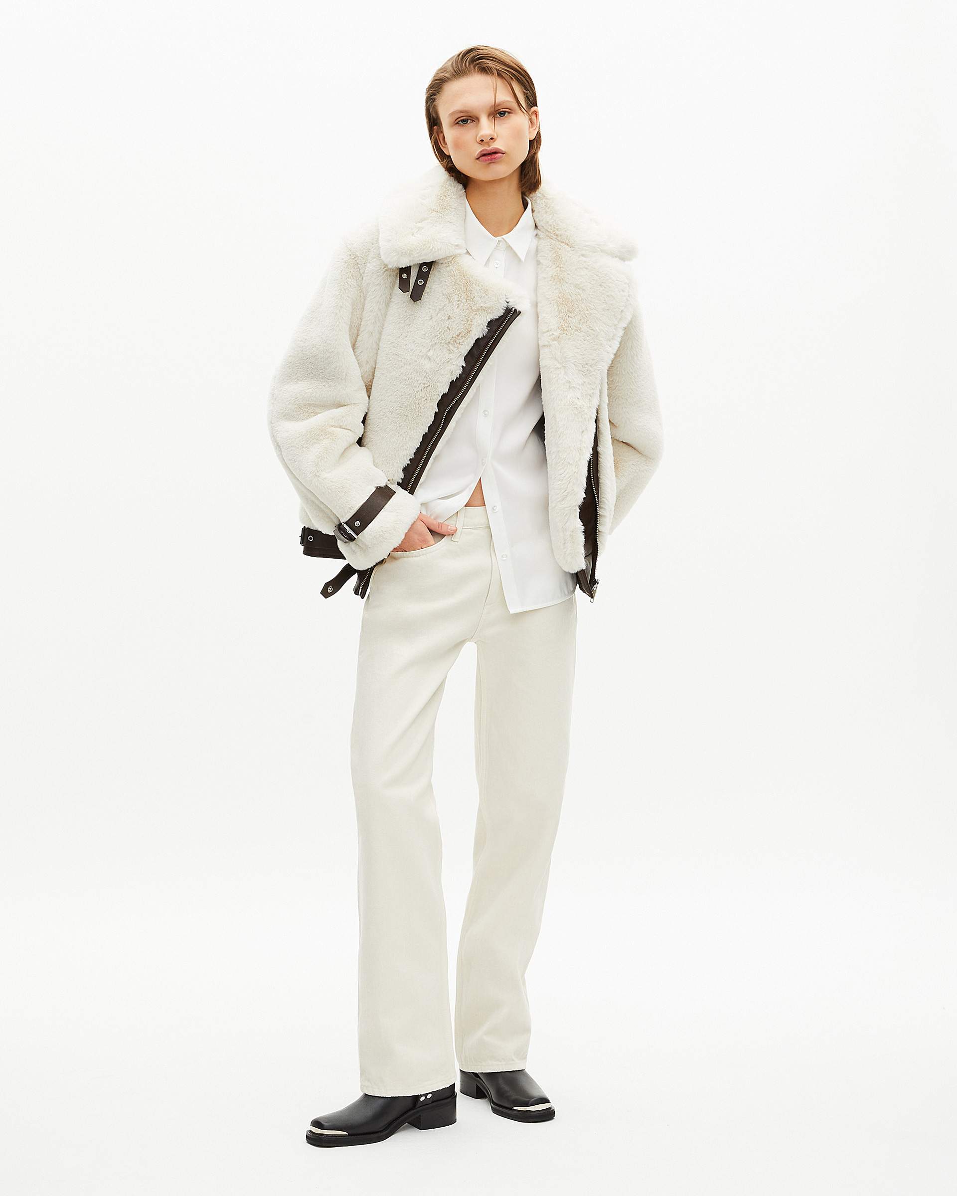 Ecru fur-effect aviator jacket