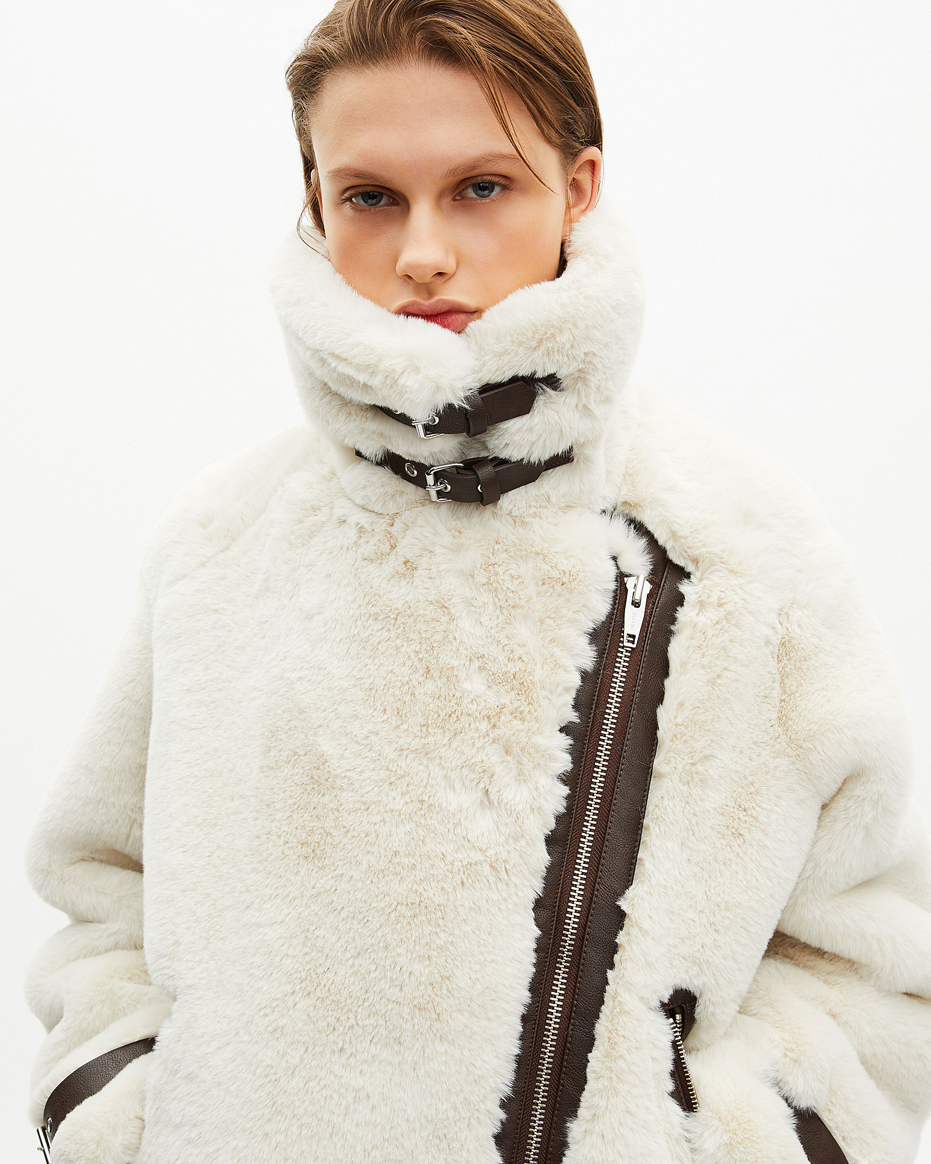 Ecru fur-effect aviator jacket