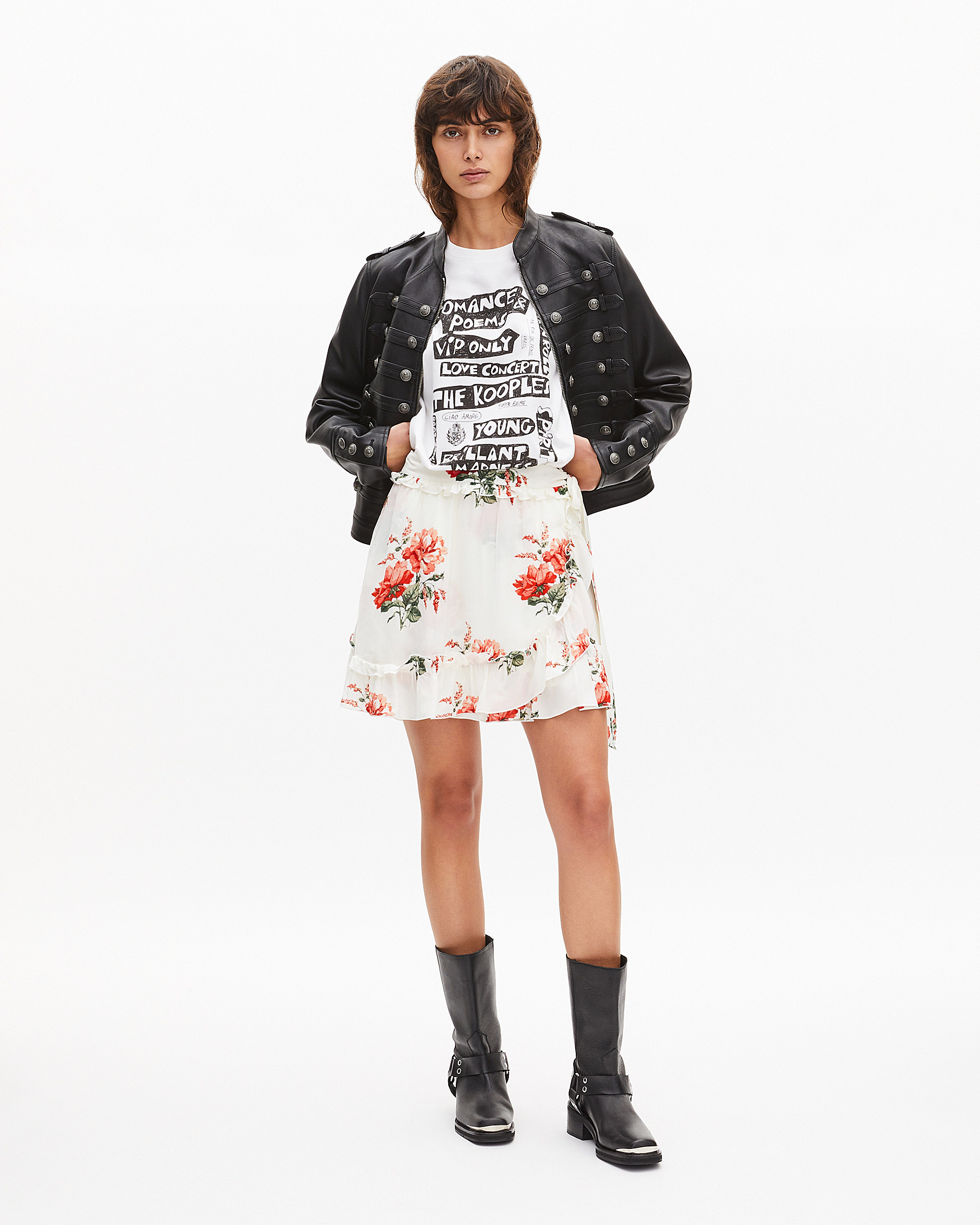 Short white floral print wrap skirt