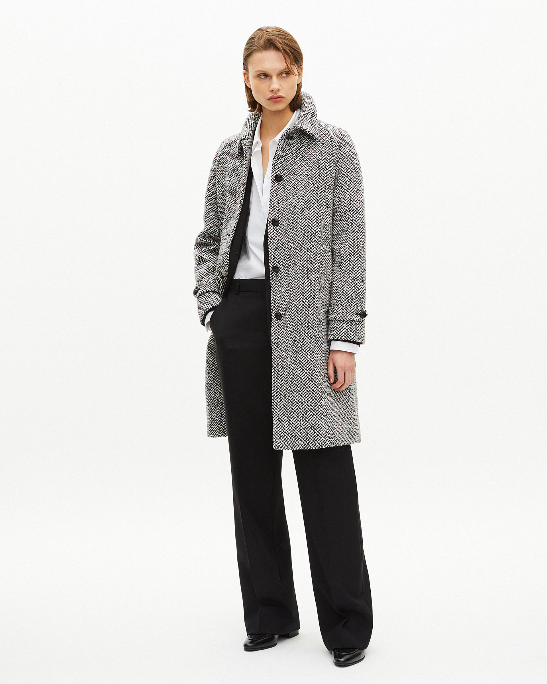 Black and white tweed long coat