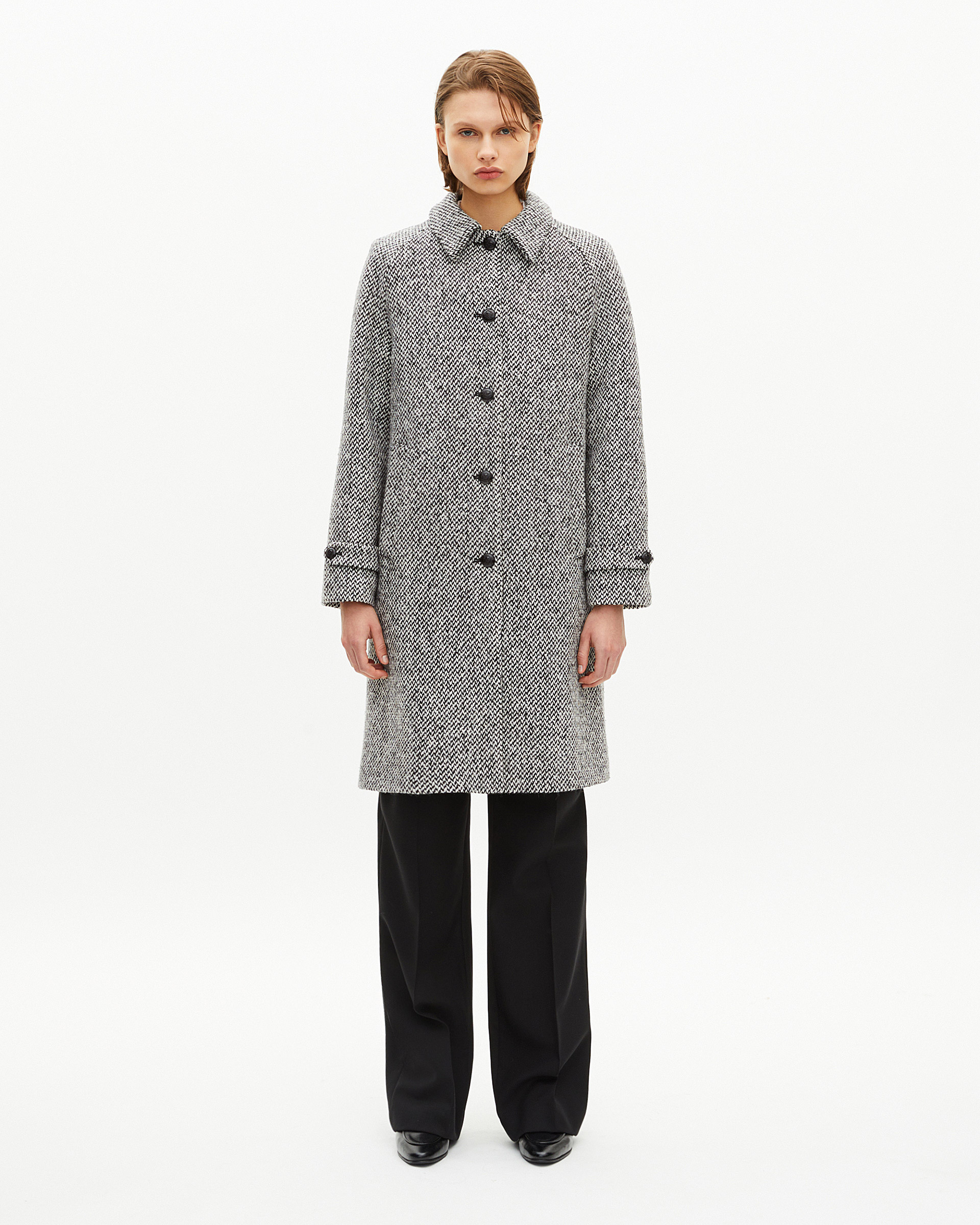 Black and white tweed long coat