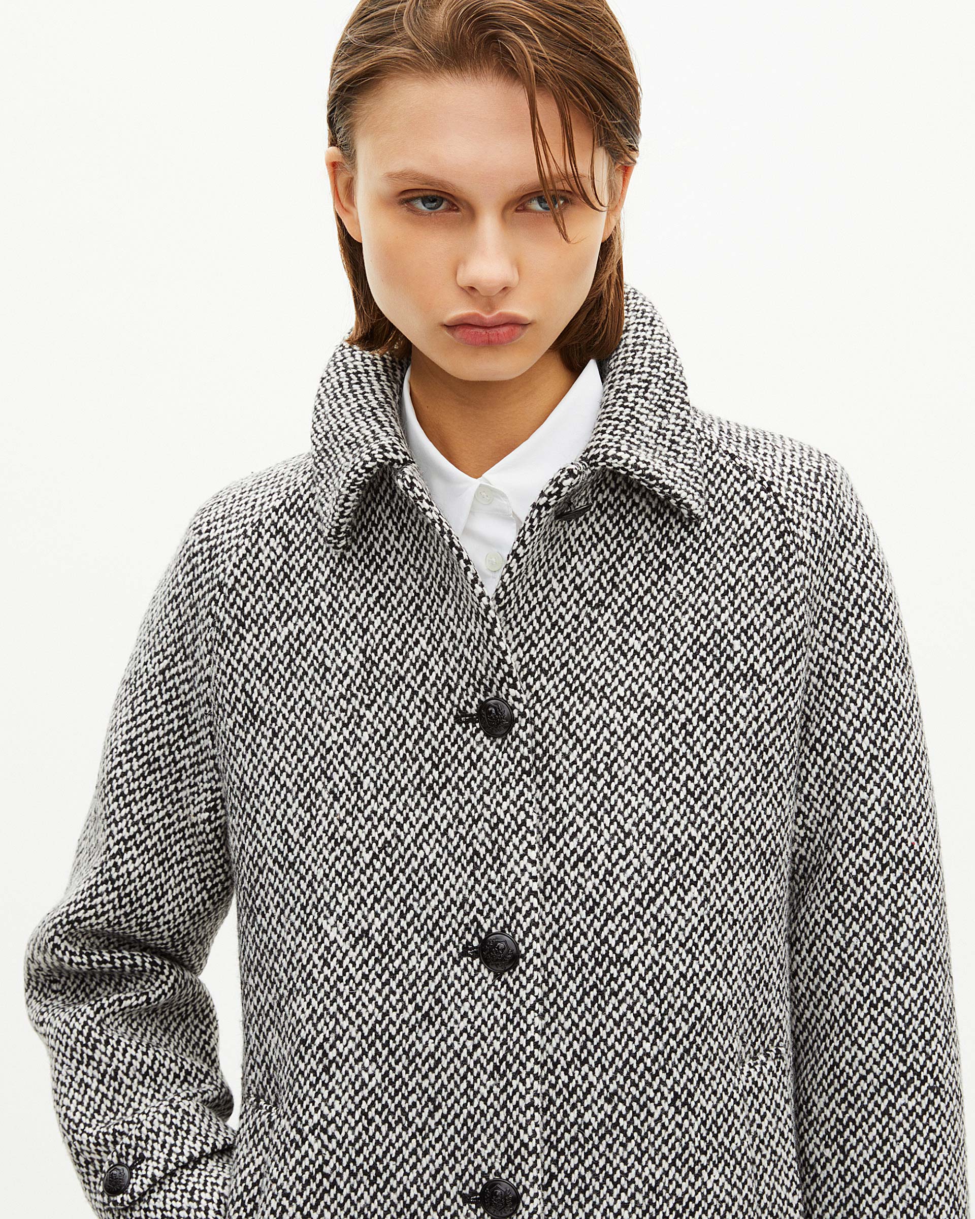 Black and white tweed long coat