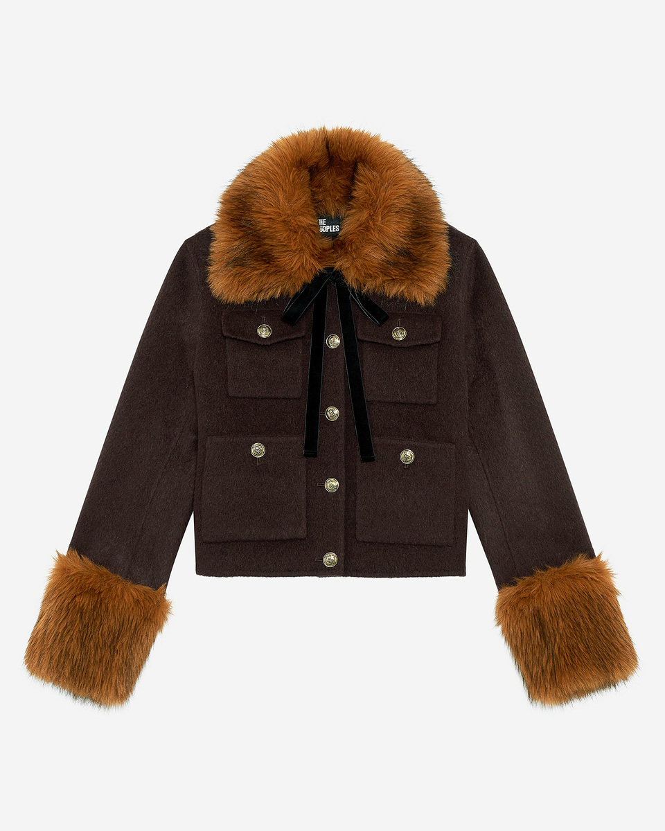 Brown short wool jacket with sherpa collar