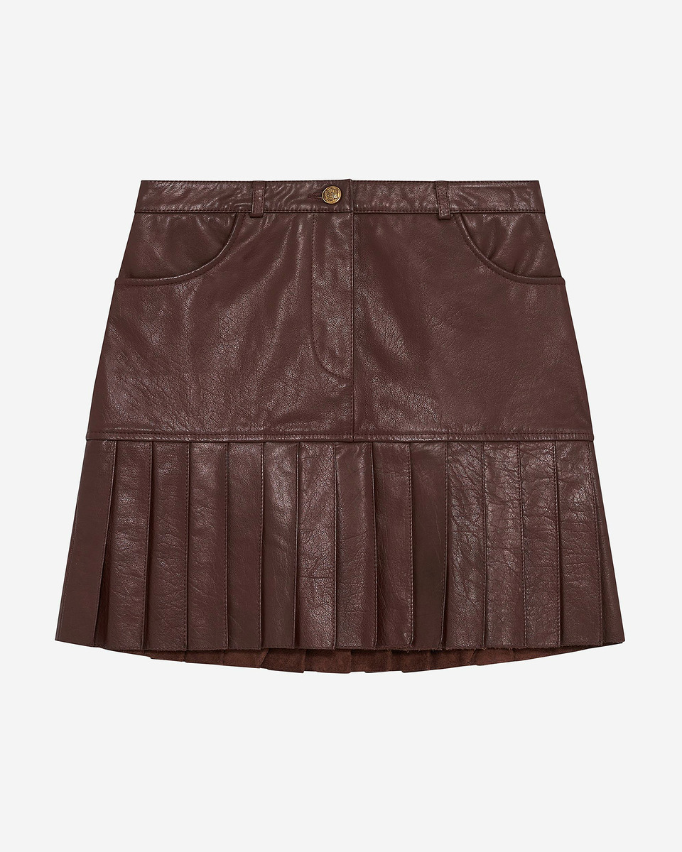 Short pleated skirt in brown leather
