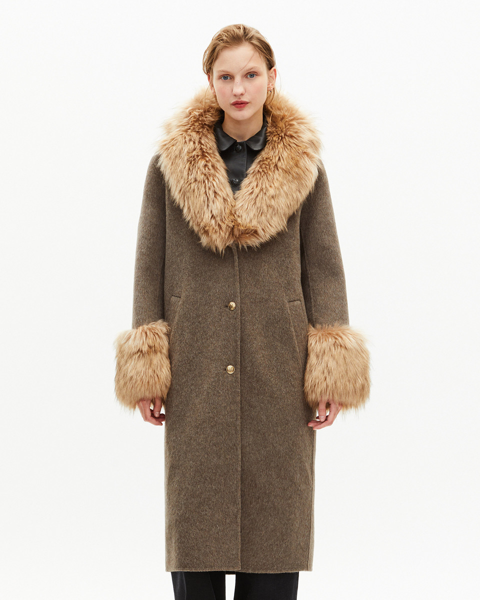 Long coat in double-faced wool and brown fur