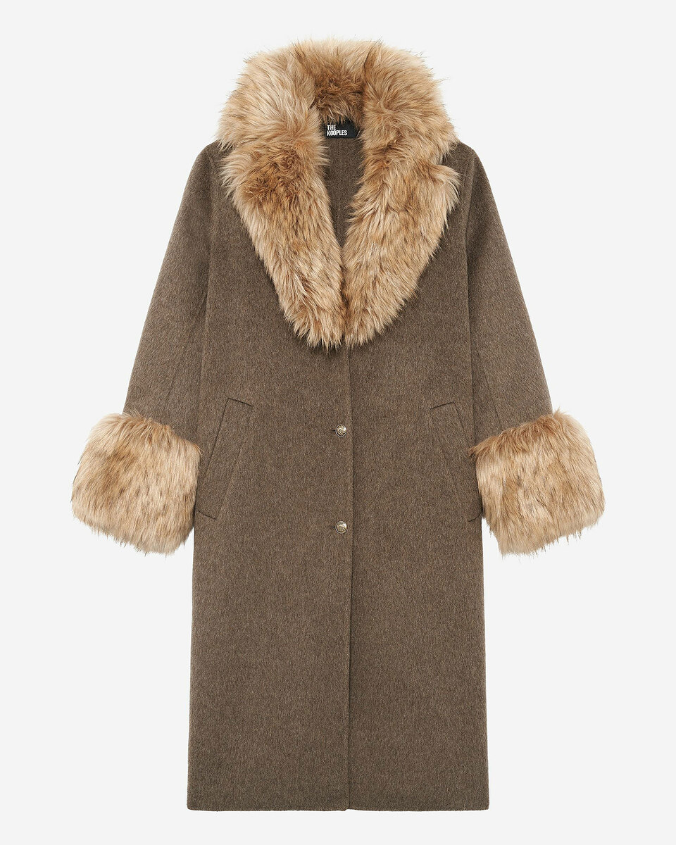 Long coat in double-faced wool and brown fur