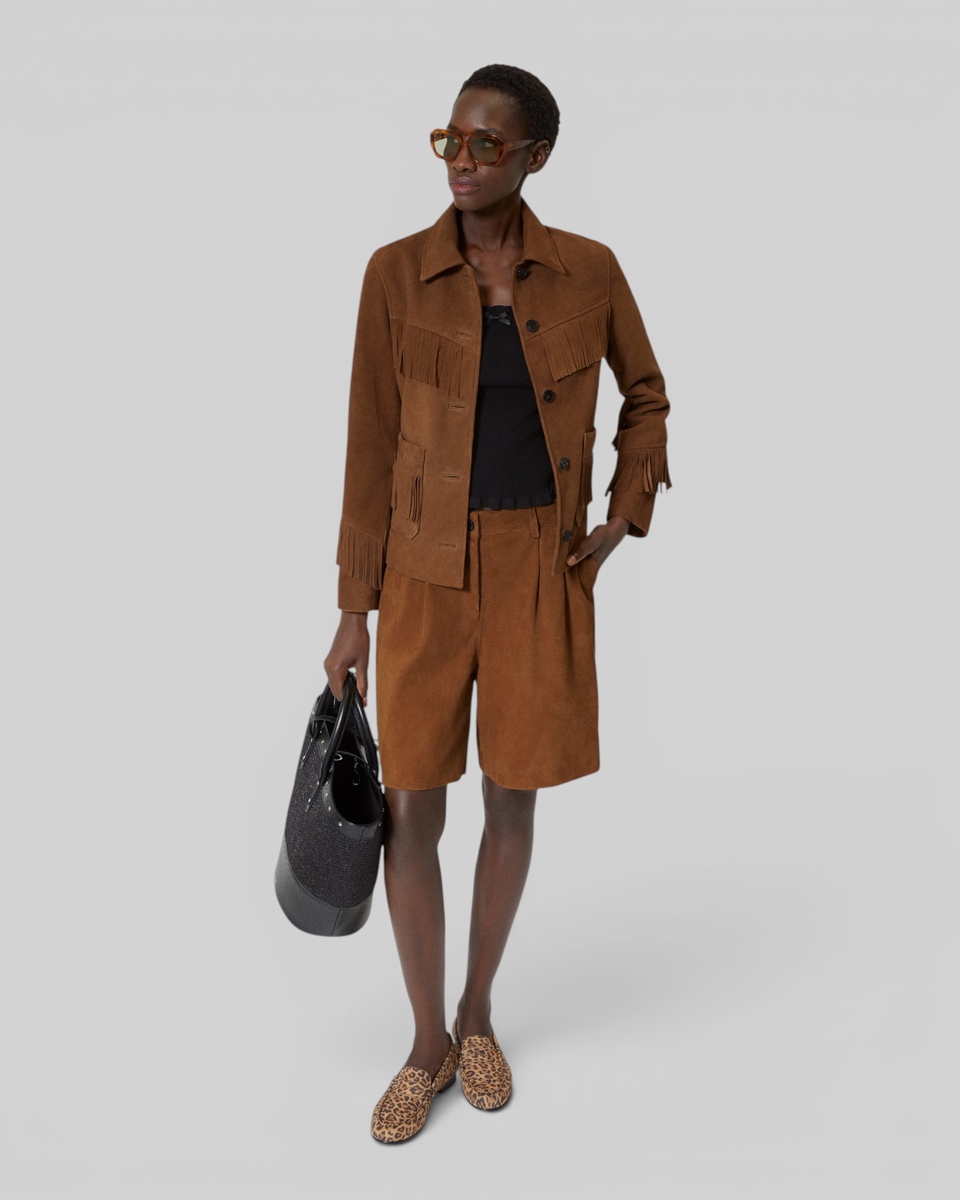 Suede leather jacket with camel fringe
