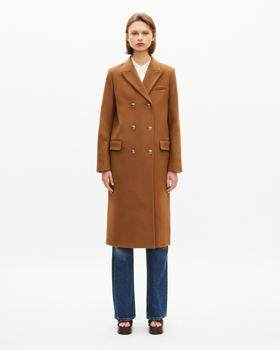Long double-breasted camel wool coat