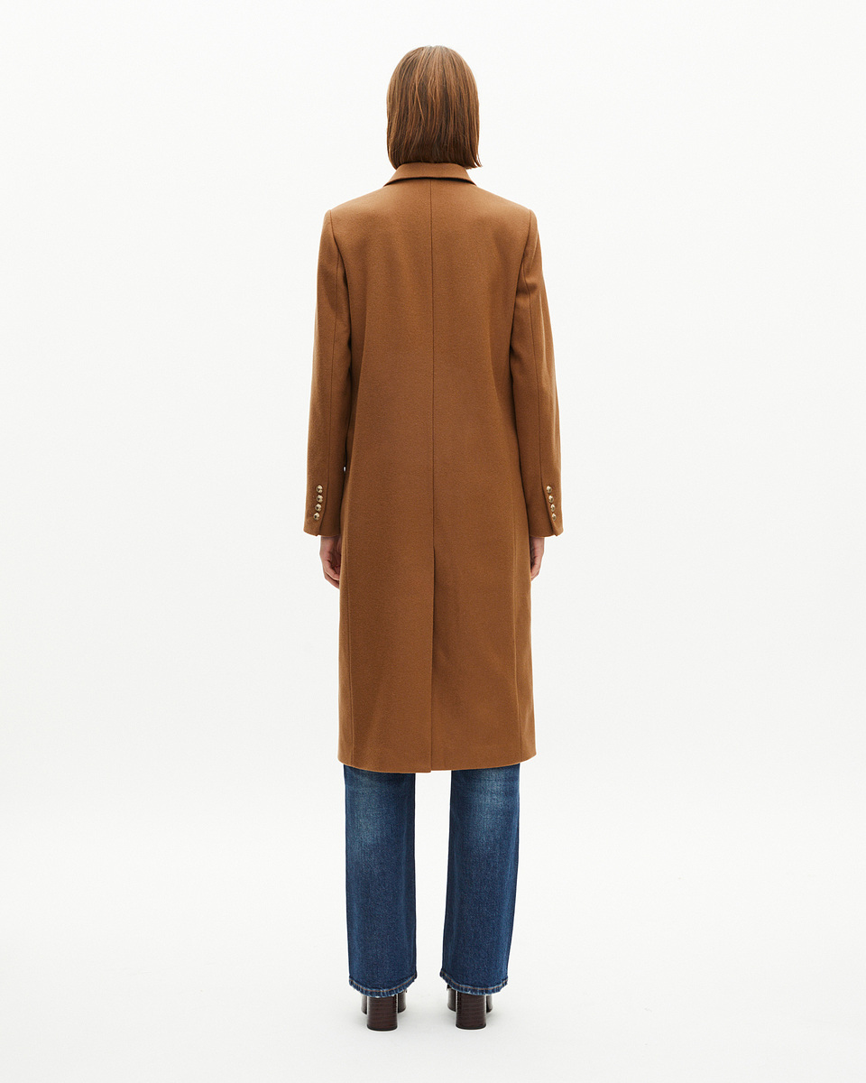 Long double-breasted camel wool coat