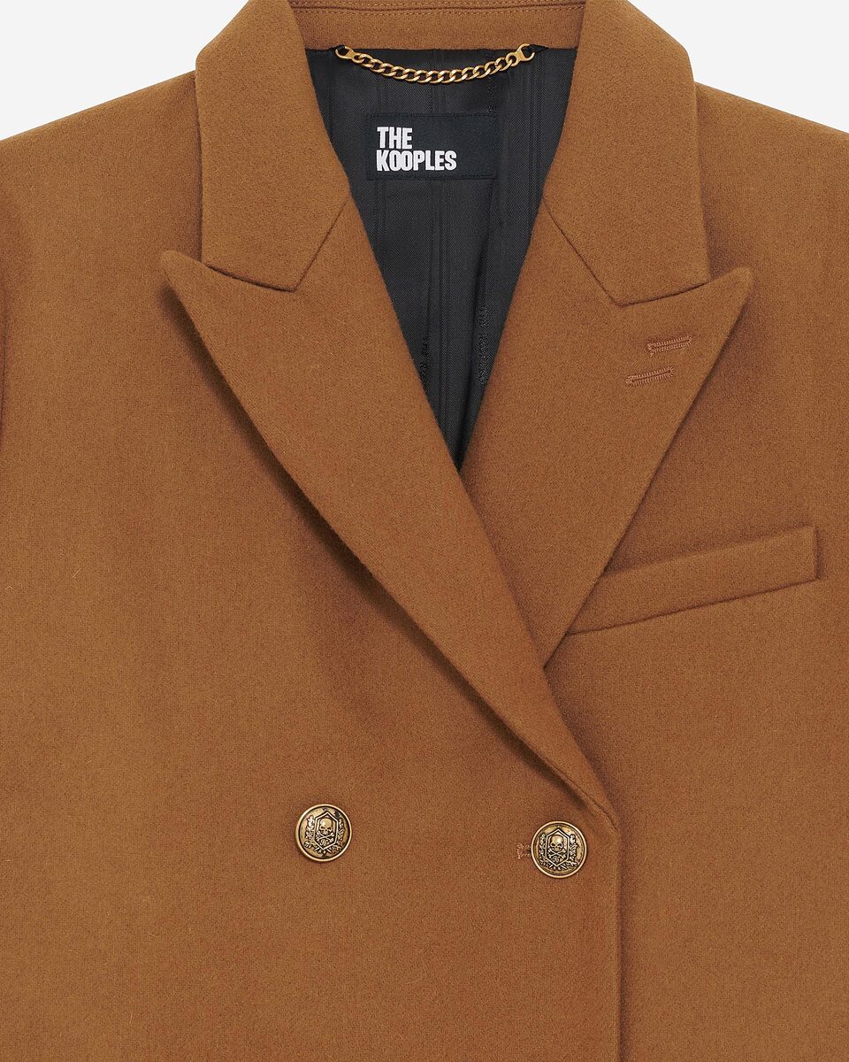 Long double-breasted camel wool coat