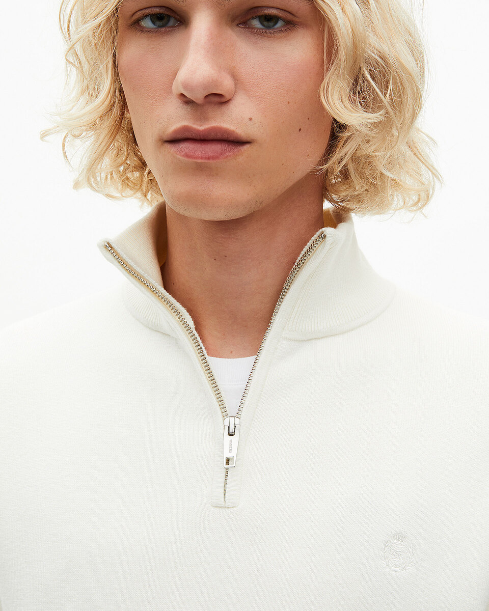 Double-faced ecru wool trucker-neck sweater