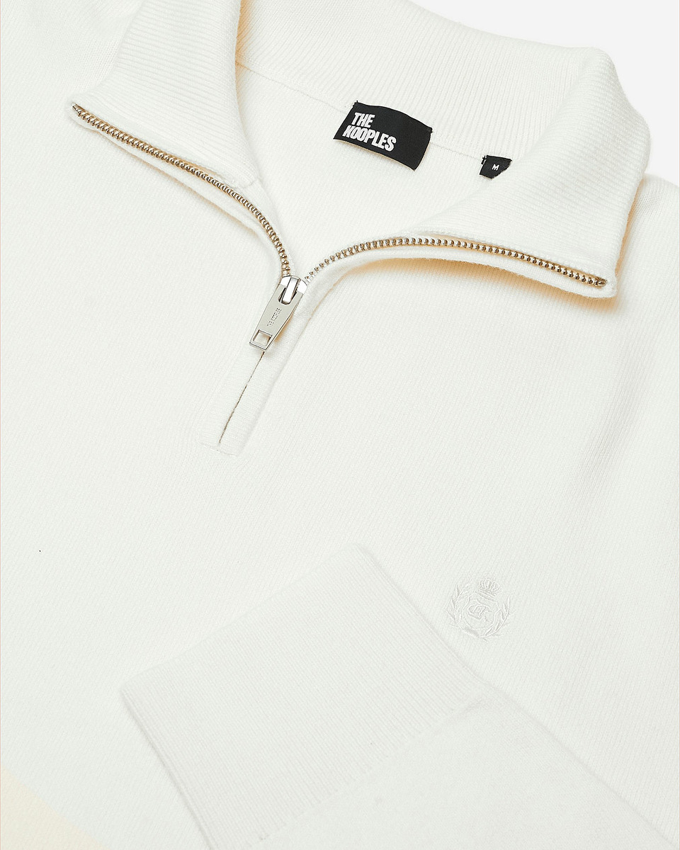 Double-faced ecru wool trucker-neck sweater