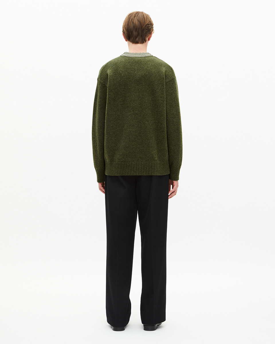 Wool cardigan with khaki contrasting stripes